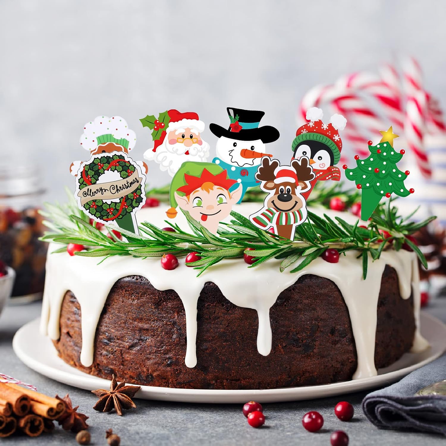 Blulu 96 Pieces Christmas Party Decorations Cupcake Topper Wrappers Santa Claus Snowman Reindeer Elf Penguin Christmas Tree Wreath Gingerbread Hand Cake Party Decorations Supplies