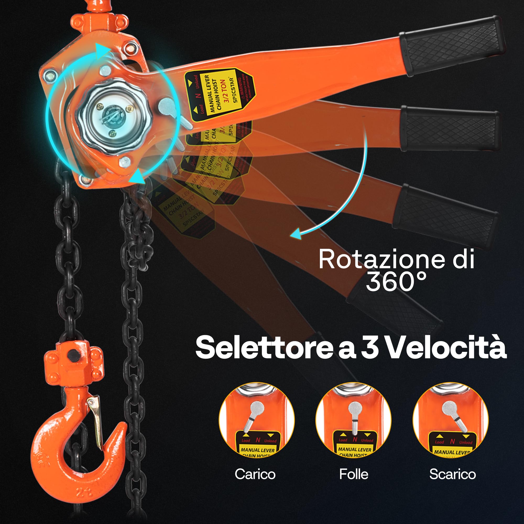 SPECSTAR Paranco a Leva Manuale Catena 1500kg in Acciaio al Manganese G80 Altezza di Sollevamento 3m Rotazione a 360° con Gancio Robusto con 3m Doppia Catena