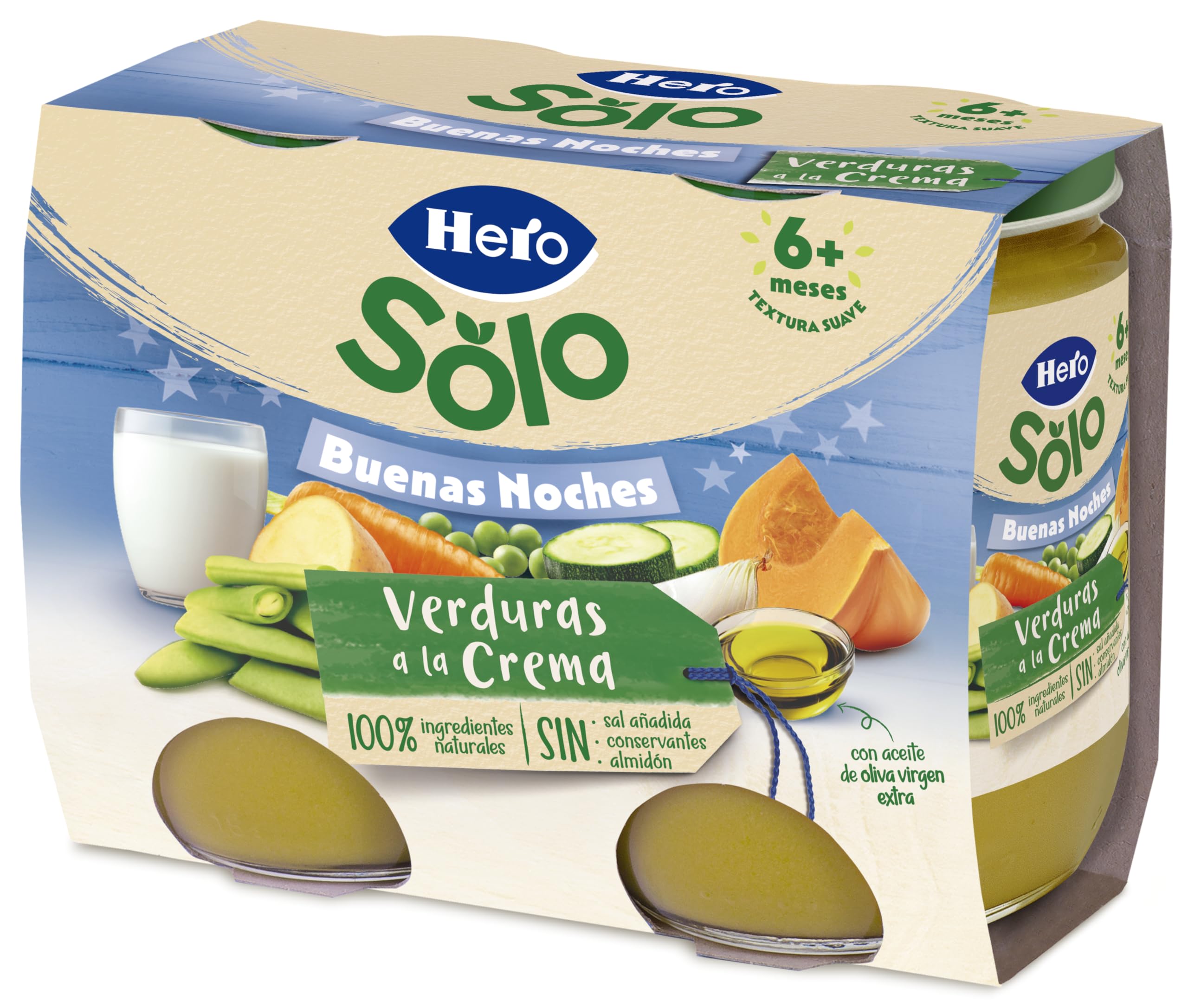 Hero Baby Buenas Noches Tarritos de Verduritas a la Crema, Sin Sal Añadida, 6 x 190 g