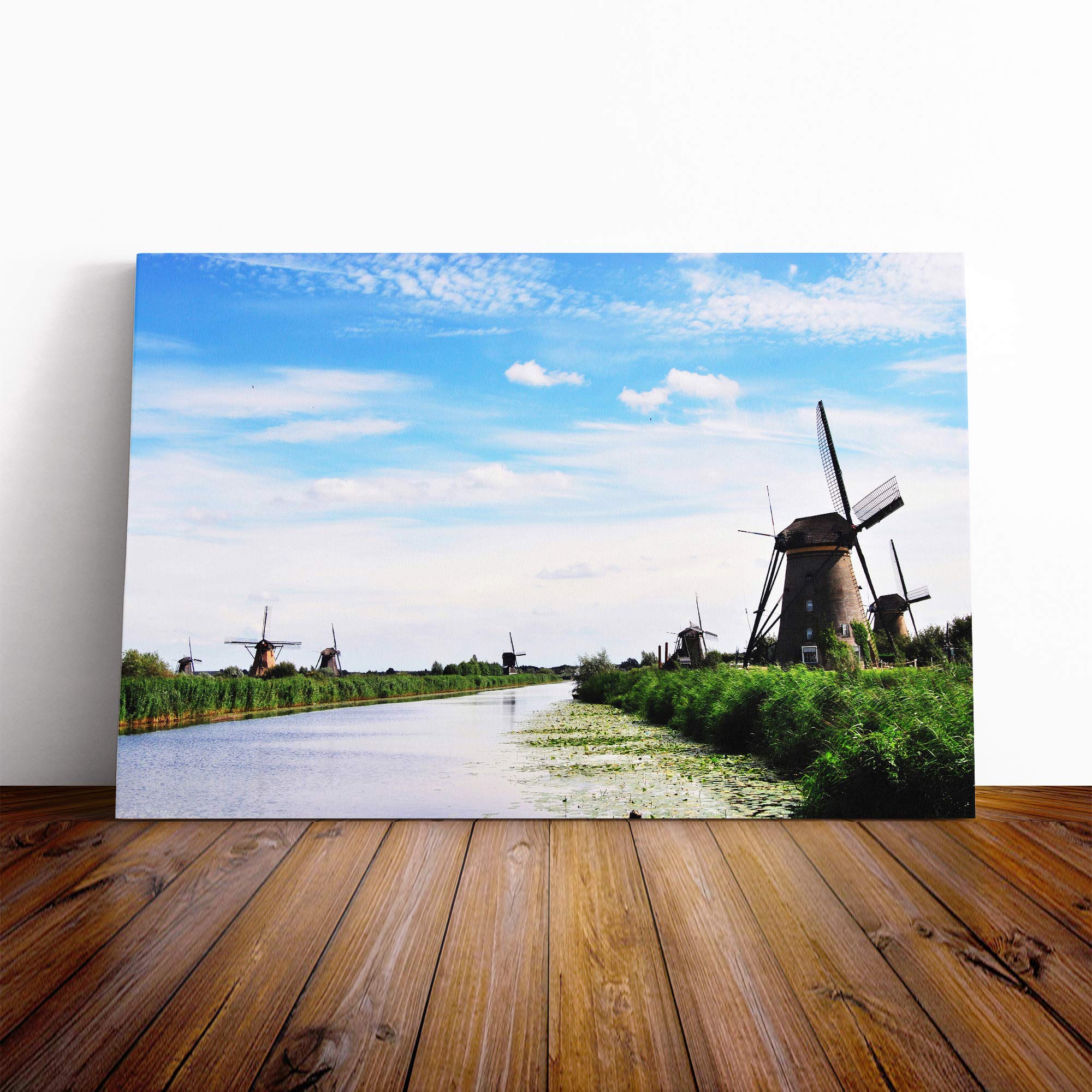 Landscape Windmills at Kinderdijk Holland Canvas Print | Gallery Wrapped 30mm Frame Wall Art | 20x14 inches | Ready to Hang | Modern Landscape Picture | Living Room Bedroom Lounge Office