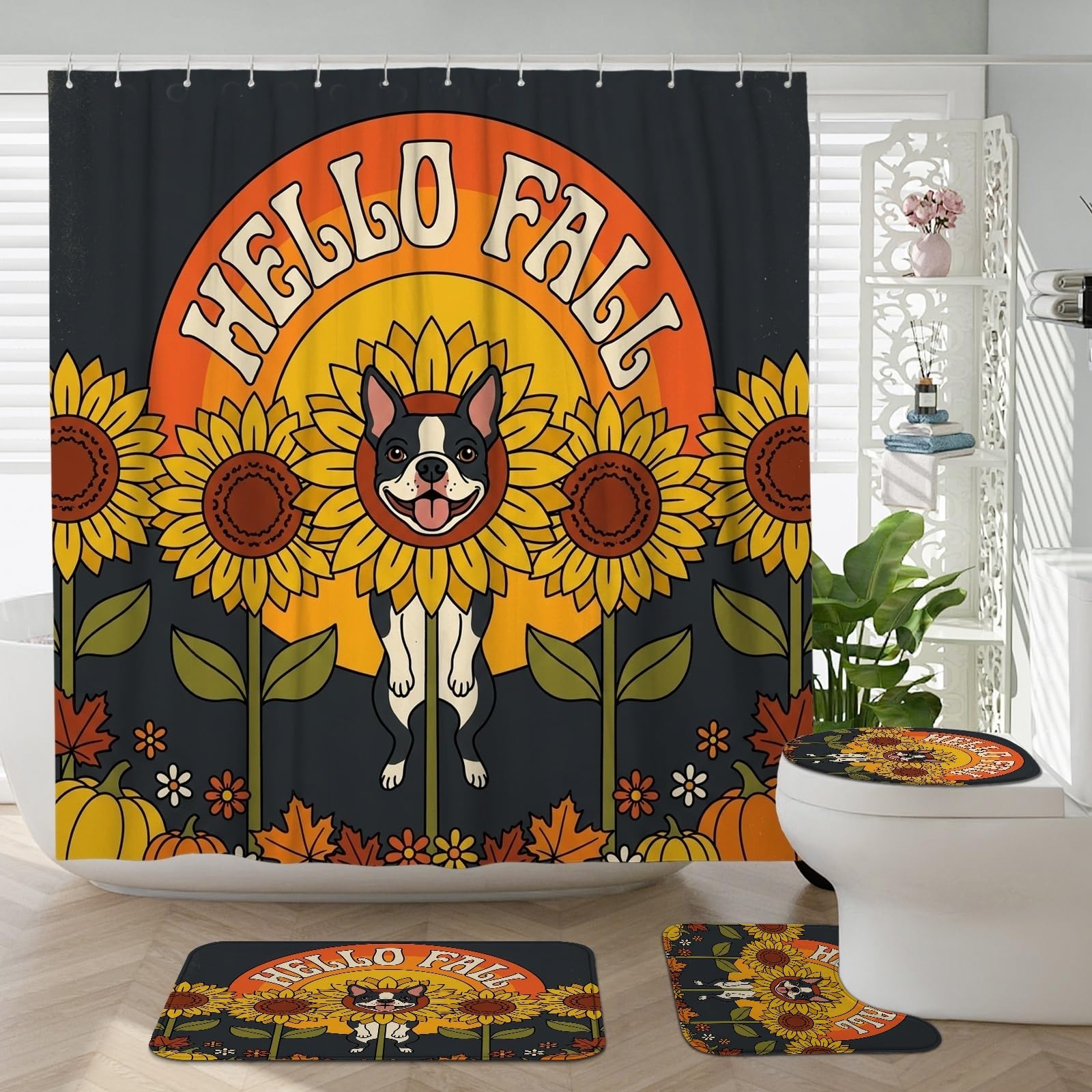 Rideau de douche 183 x 183 cm tournesol et tapis de bain antidérapant pour WC et douche