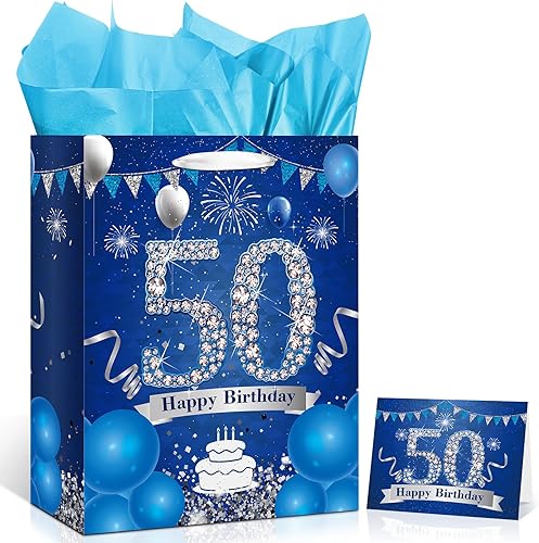 Bolsa de regalo de cumpleaños de 40 años, color azul marino y plateado, bolsa de regalo de 40 cumpleaños con papel de seda y tarjeta, bolsa azul