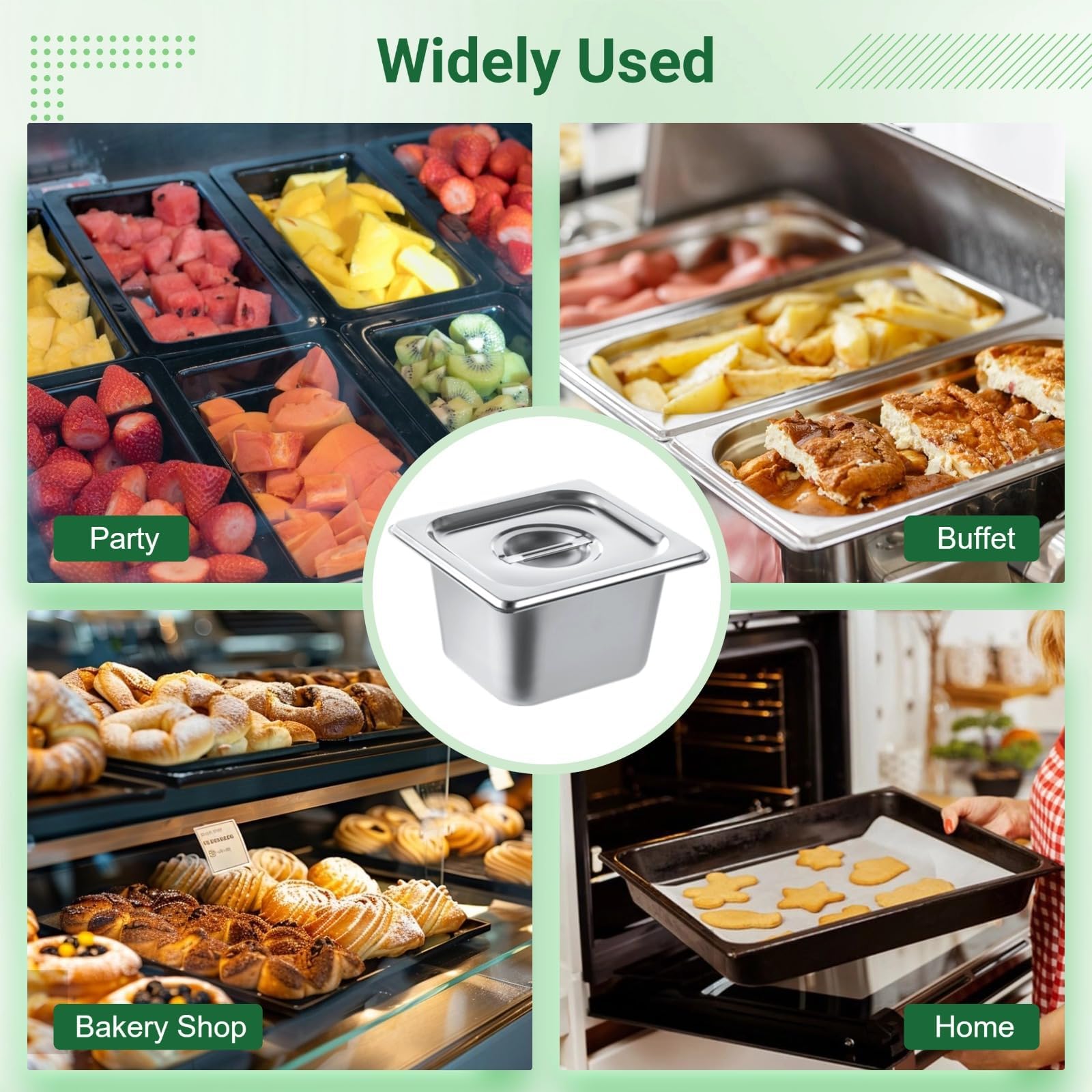 Varku 6 padelle per hotel in acciaio inox, dimensioni 1/6 padelle profonde 10 cm con coperchio, padelle per catering con coperchio, padelle per il vapore, contenitori impilabili (argento, 6 pezzi)