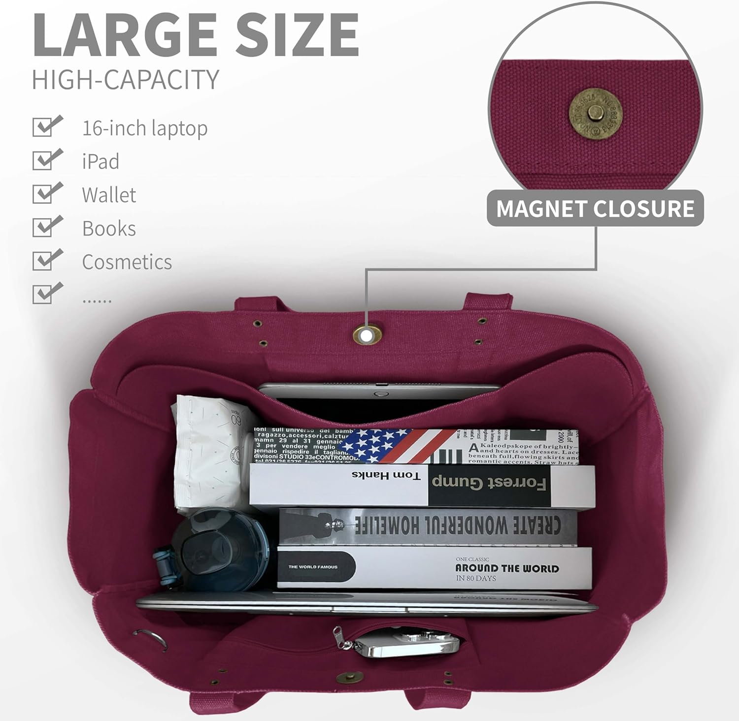 HOMESPON Large Canvas Tote Bag for Women Everything Bag with Pockets and Laptop Sleeve - Image 4