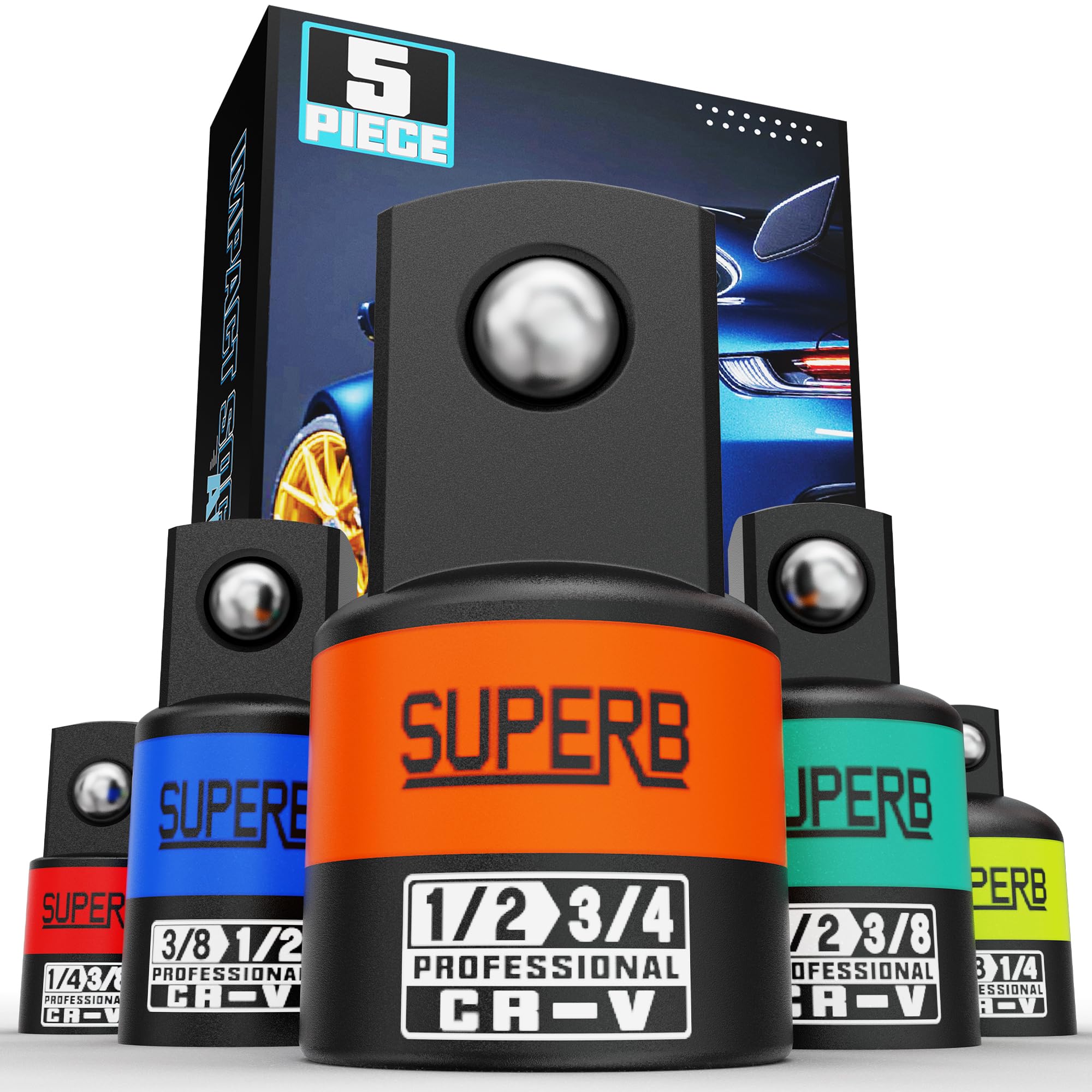 5-Piece Impact Socket Adapter Set, 1/4", 3/8", 1/2" Socket Converter&Reducer, Cr-V Steel, Impact Driver & Wrench Conversion Kit, for Automotive Maintenance and Construction Engineering