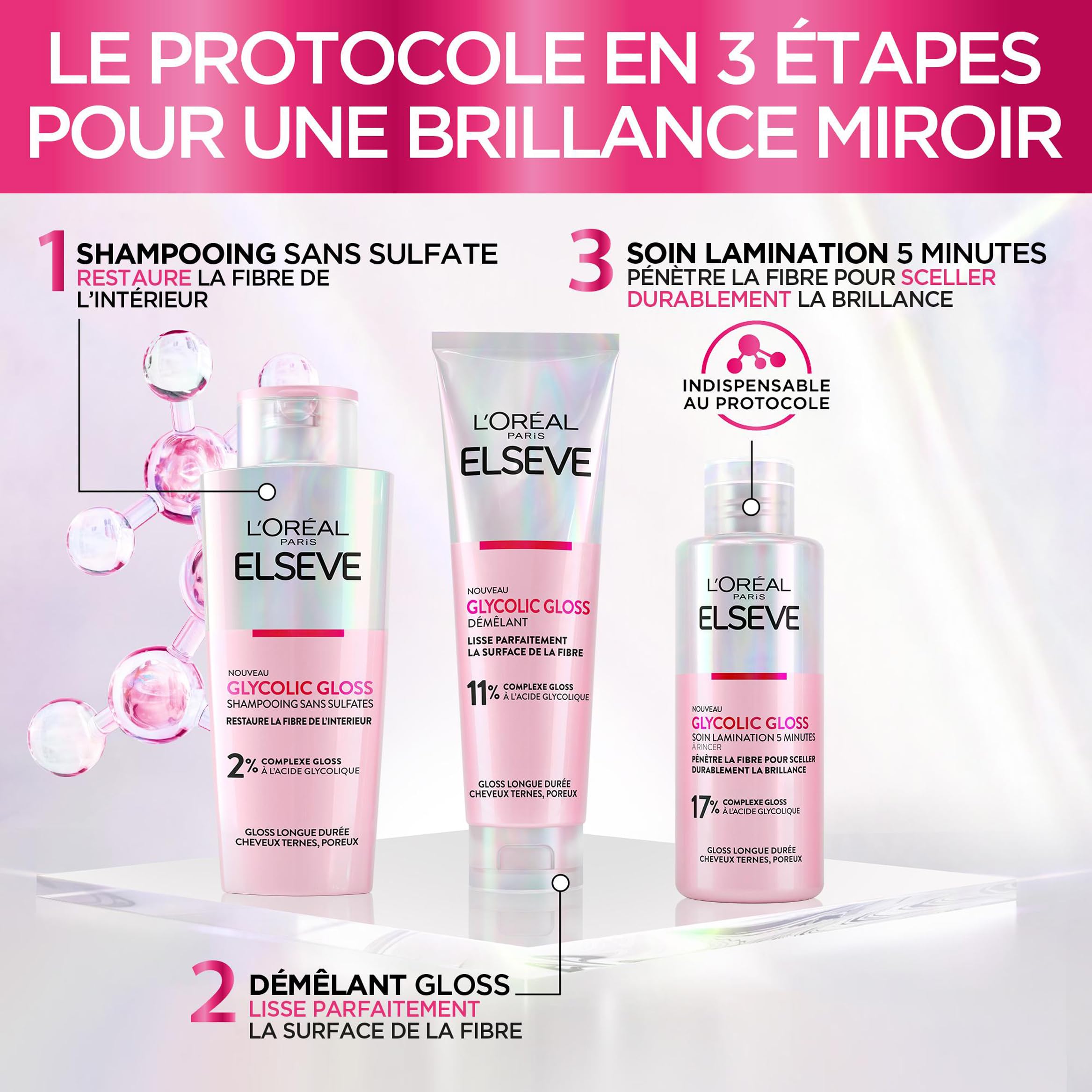 L'Oréal Paris - Routine completa per capelli opachi - Shampoo + districante + cura della laminazione - Acido glicolico - Senza solfati - Elseve Glycolic Gloss - 3 prodotti