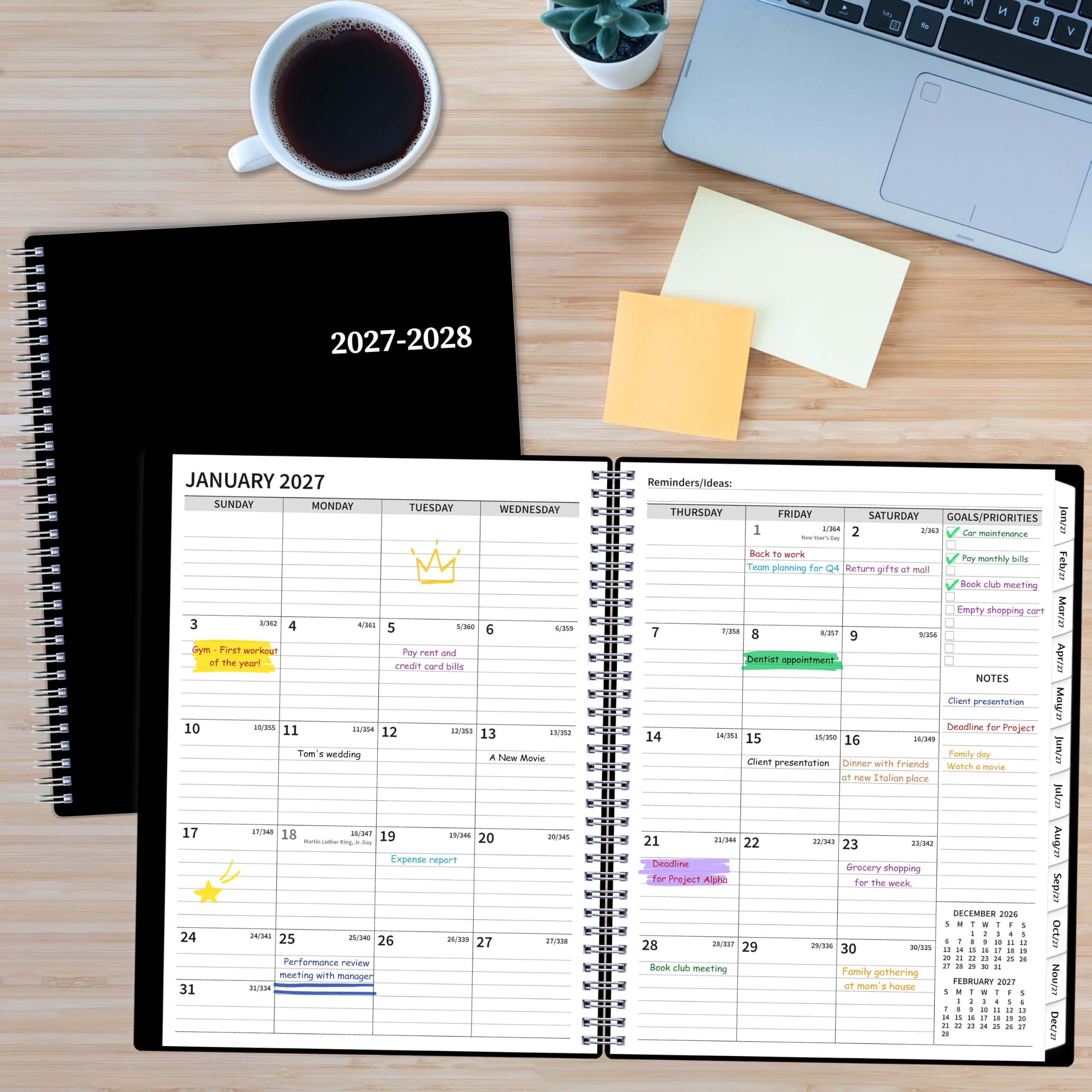 Agenda mensile 2027-2028, calendario 2 anni, da gennaio 2027 a dicembre 2028, 21,6 x 27,9 cm, agenda a spirale grande, 24 mesi, con linguette e tasca, copertina flessibile, organizer per ufficio, casa