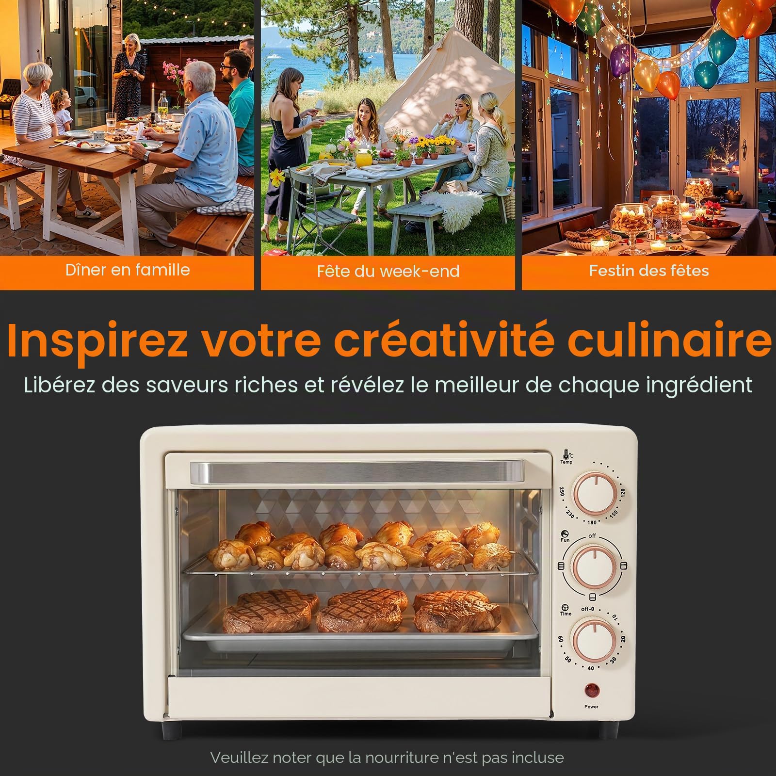 Mini four électrique, 22 l, avec chaleur de voûte et de sole, minuterie de 60 min, température 120-250 °C, petit four, 1000 W, avec poêle et grille, blanc