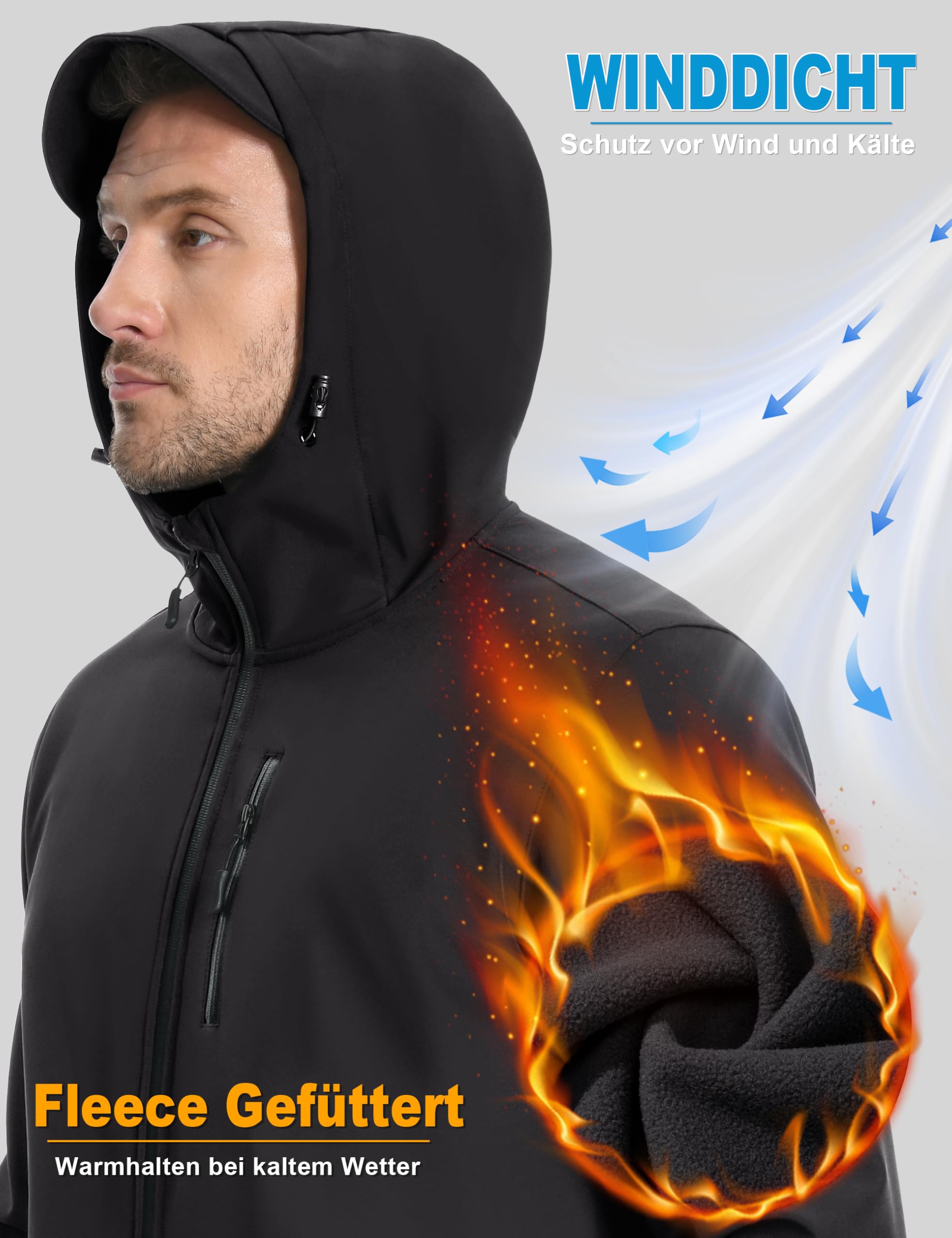 TACVASEN Veste softshell imperméable pour homme - Veste d'extérieur doublée en polaire - Veste de randonnée coupe-vent respirante - Avec capuche - Pour le travail, le vélo