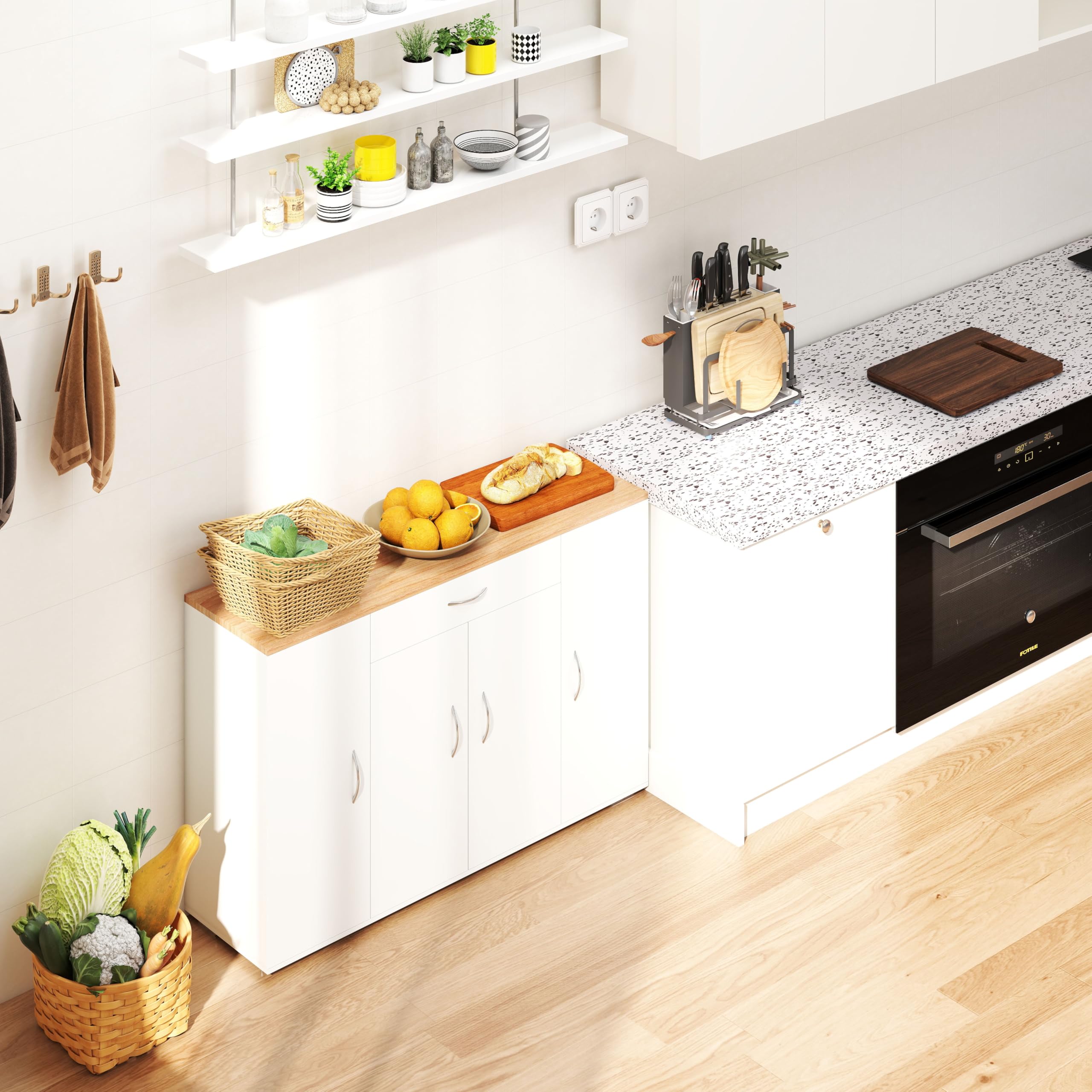 Credenza Cucina Bianca con Piano di Lavoro 110 x 30 x 70 cm Mobile Cucina Salvaspazio con Cassetto e 4 Ante Dispensa Cucina Madia Soggiorno Sala da Pranzo Moderna