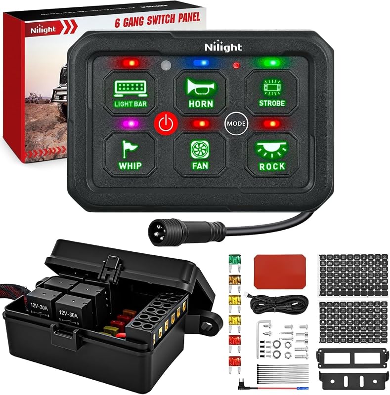 Painel de Interruptores Nilight 6 Teclas Verde 12 V 60 A com 4 Modos