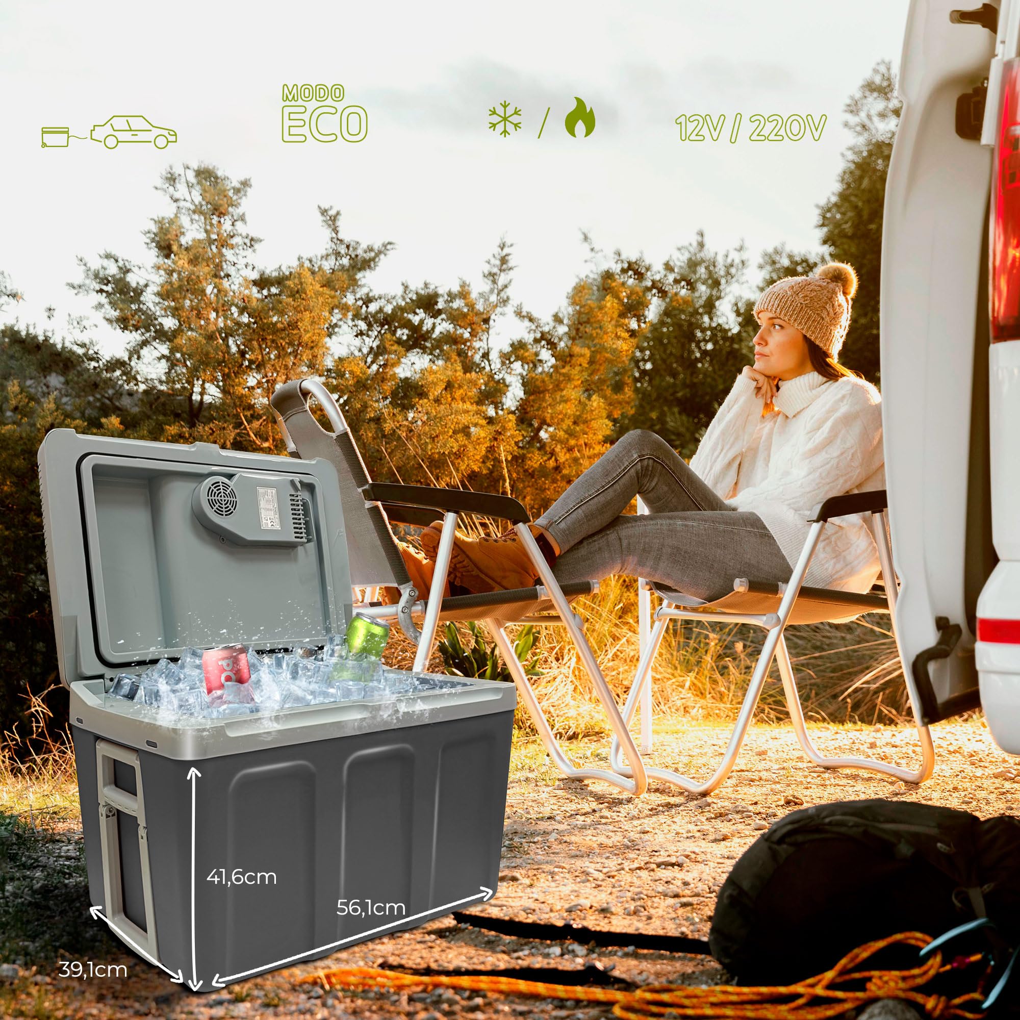 briebe Camp Przenośna elektryczna lodówka na kółkach 40 litrów, samochód, kemping, podróż 12 V/220 V, chłodzenie, utrzymanie ciepła, energooszczędna, szara, CF1155