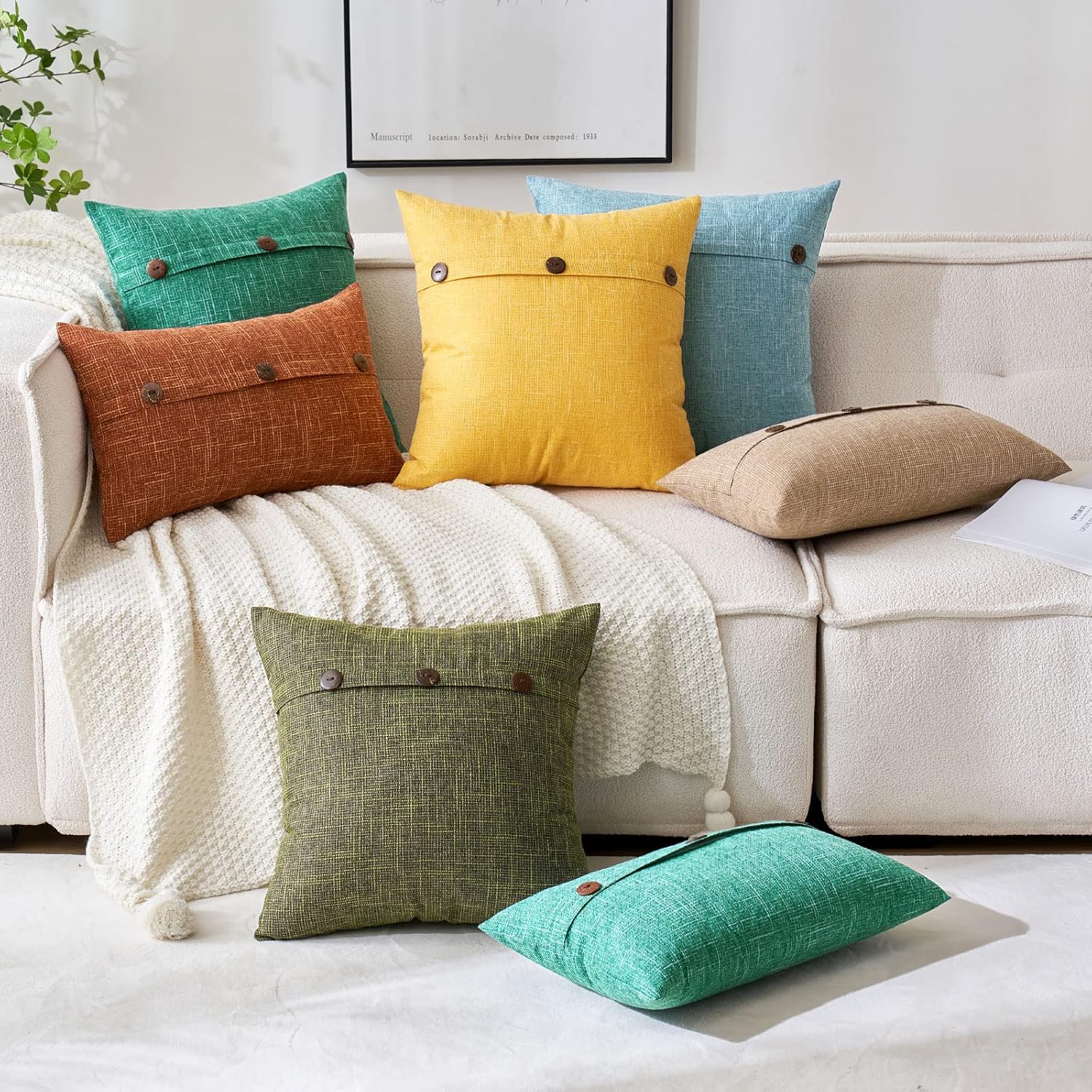 MIULEE Set of 2 Linen Throw Pillow Covers Cushion Case Triple Button Vintage Farmhouse Spring Pillowcase for Couch Sofa Bed 20 x 20 Inch Bright Yellow
