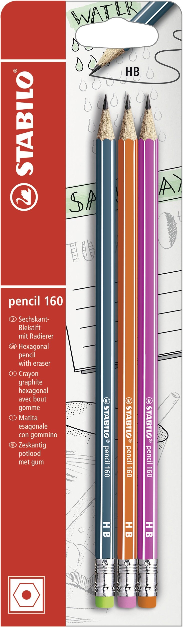 STABILO Lápiz con goma de borrar pencil 160, My Journal, 3 unidades, color azul, naranja y rosa, dureza HB
