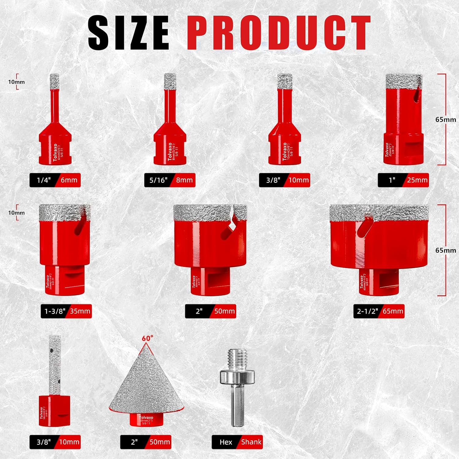Diamond Hole Saw Kit, Tile Hole Saw Kit for Tile, Granite, Marble, Ceramic and More Drilling, 10pcs Tile Drill Bits 6/8/10/25/35/50/65mm