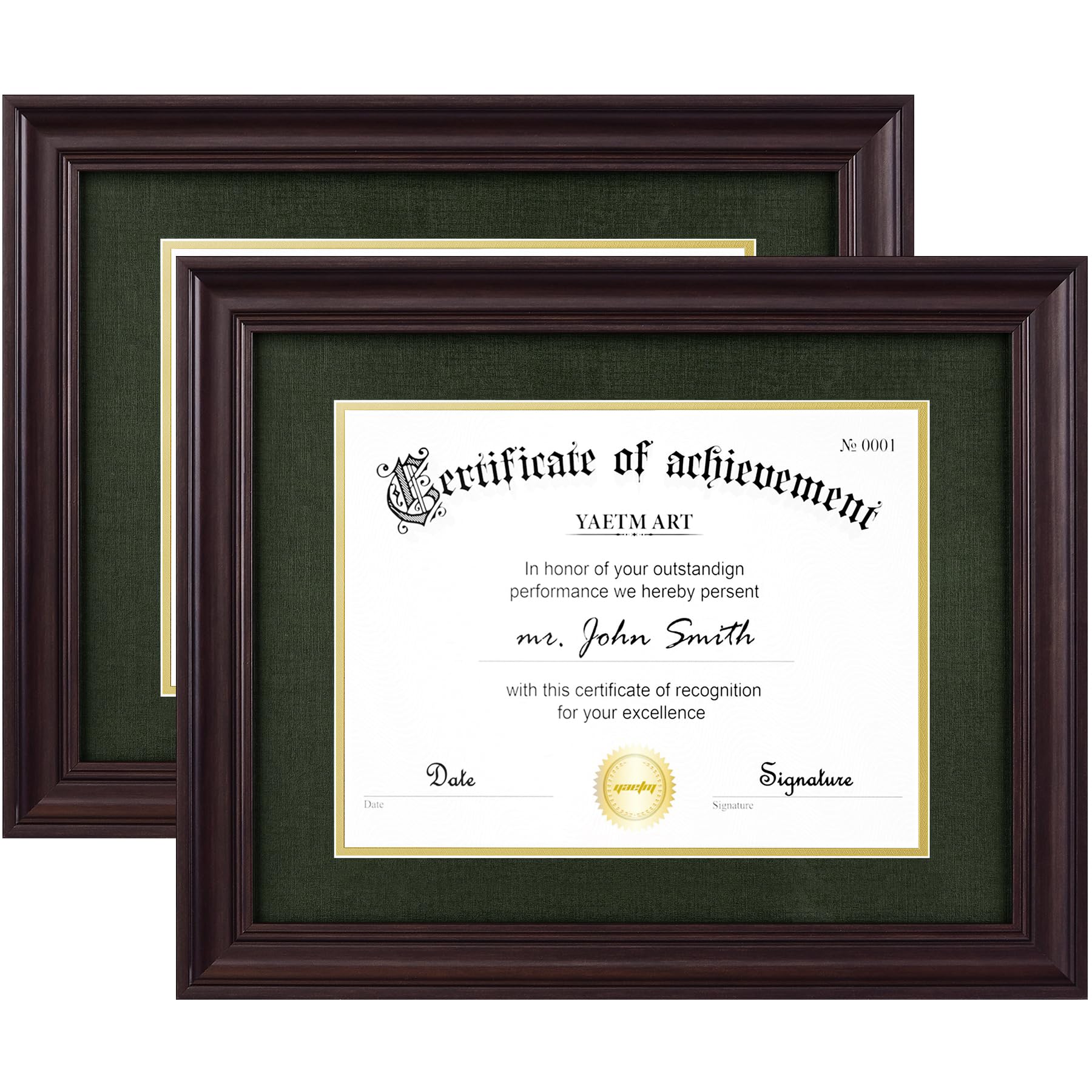 Cadre pour diplôme en verre trempé Yaetm, moulage large et passe-partout premium vert et or