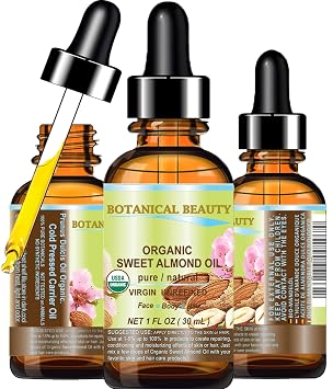 Botanical Beauty Organic SWEET ALMOND OIL 100% Pure Natural Virgin Unrefined Undiluted Cold Pressed Carrier Oil for Face, Skin, Body, Hair, Massage, Nails. 1 Fl. oz - 30 ml