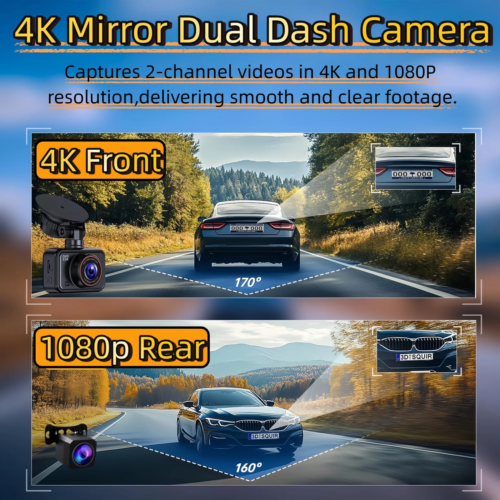 Dashcam Auto Vorne Hinte, 4K+1080P Dual Kamera mit 5GHz WLAN GPS und 24/7 Parküberwachung für maximale Sicherheit durch ADAS Nachtsicht & 170° Weitwinkel - Inkl. 64GB SD Karte