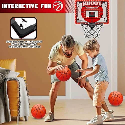 Miniatura 7 de Mini aro de baloncesto para interiores para niños  Aro de baloncesto sobre la puerta con marcador, tablero antiimpacto y 3 bolas, juguete de