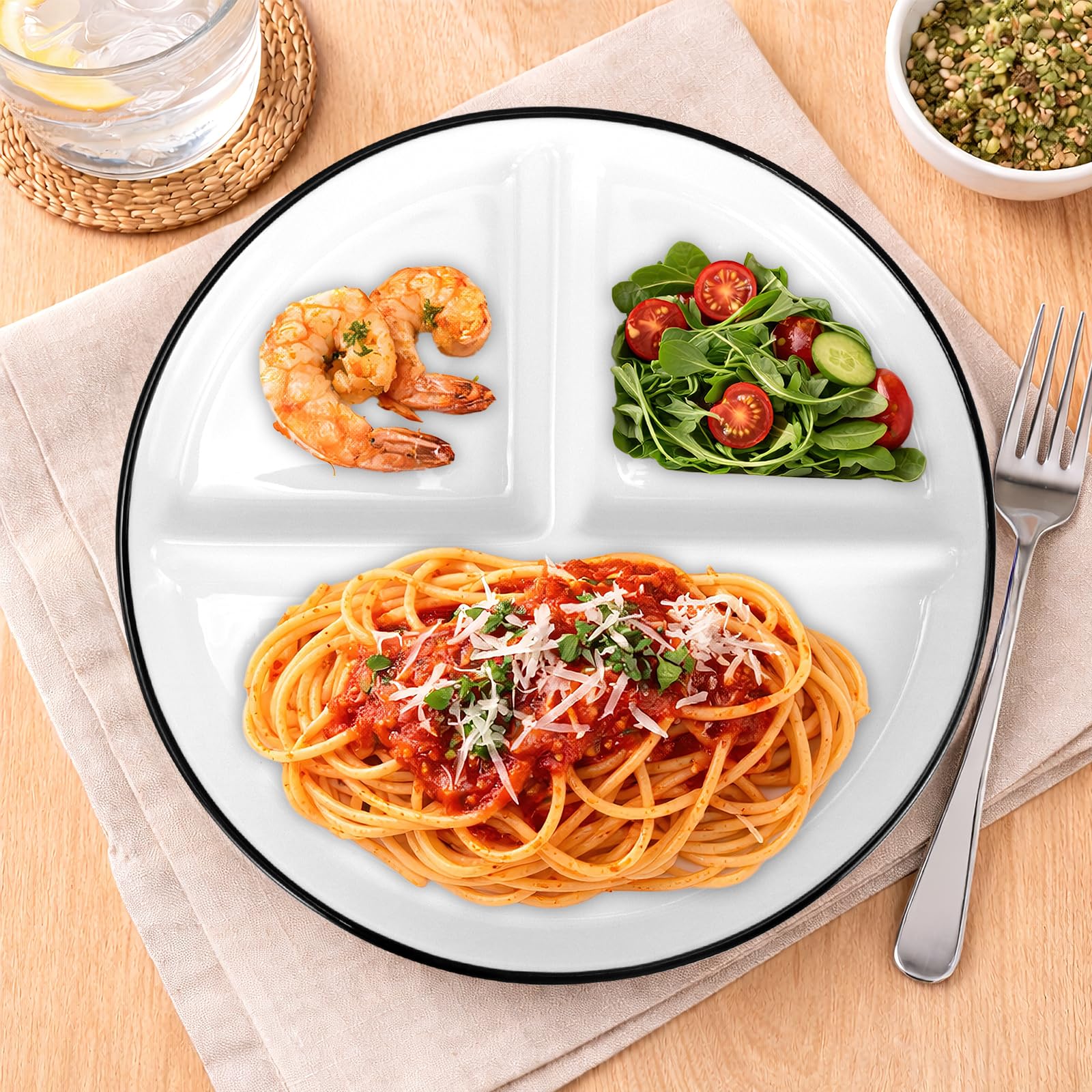 MSYU Lot de 2 assiettes divisées pour adultes, assiettes de contrôle des portions en céramique séparées avec séparateurs, assiettes rondes à 3 compartiments, réutilisables, passent au lave-vaisselle