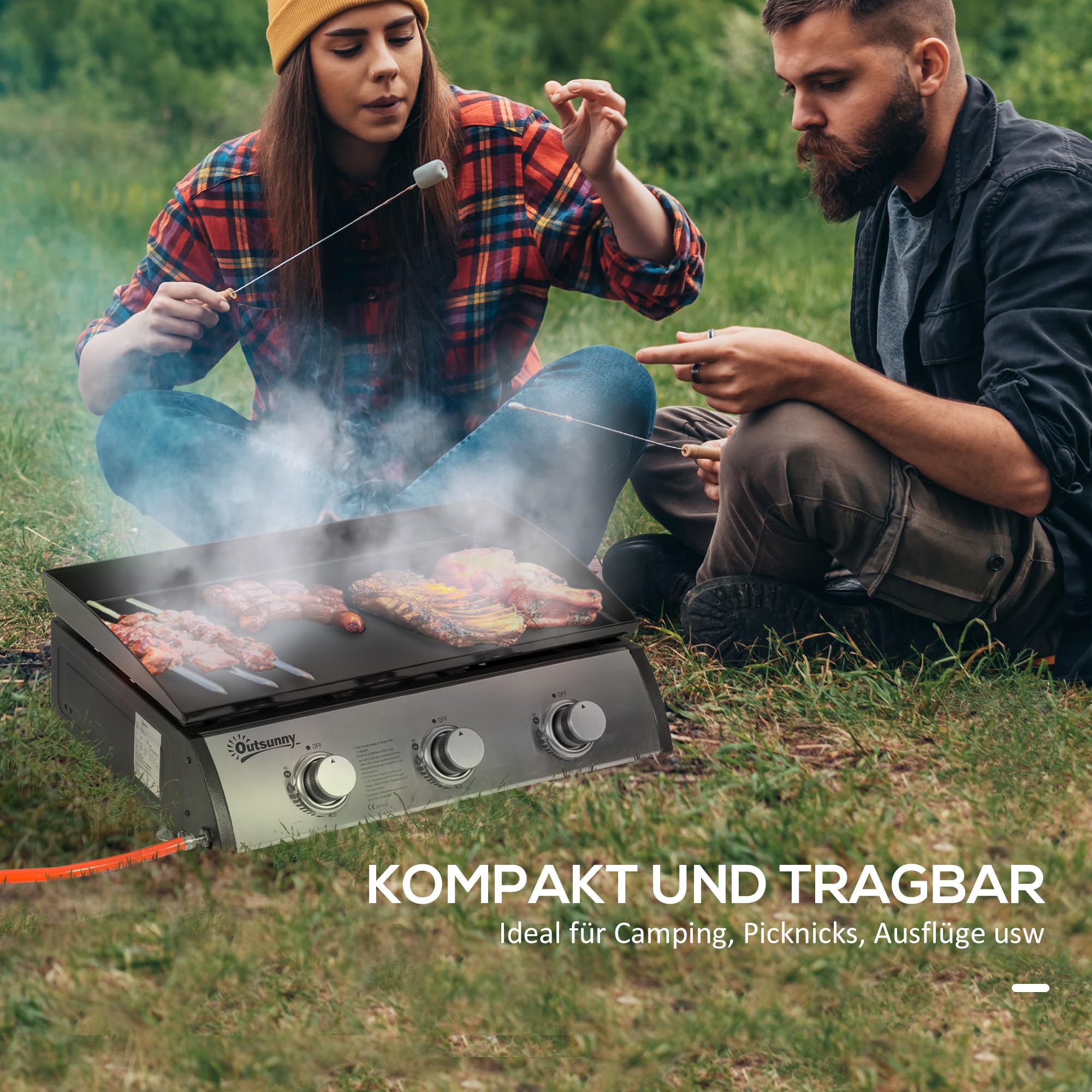 Outsunny Gasgrill mit 3 Brenner 7,5 kW Grillfläche 65 × 35,5 cm tragbarer Tischgrill Tischgasgrill aus Edelstahl BBQ Campinggrill für Garten Balkon Camping Schwarz+Silber