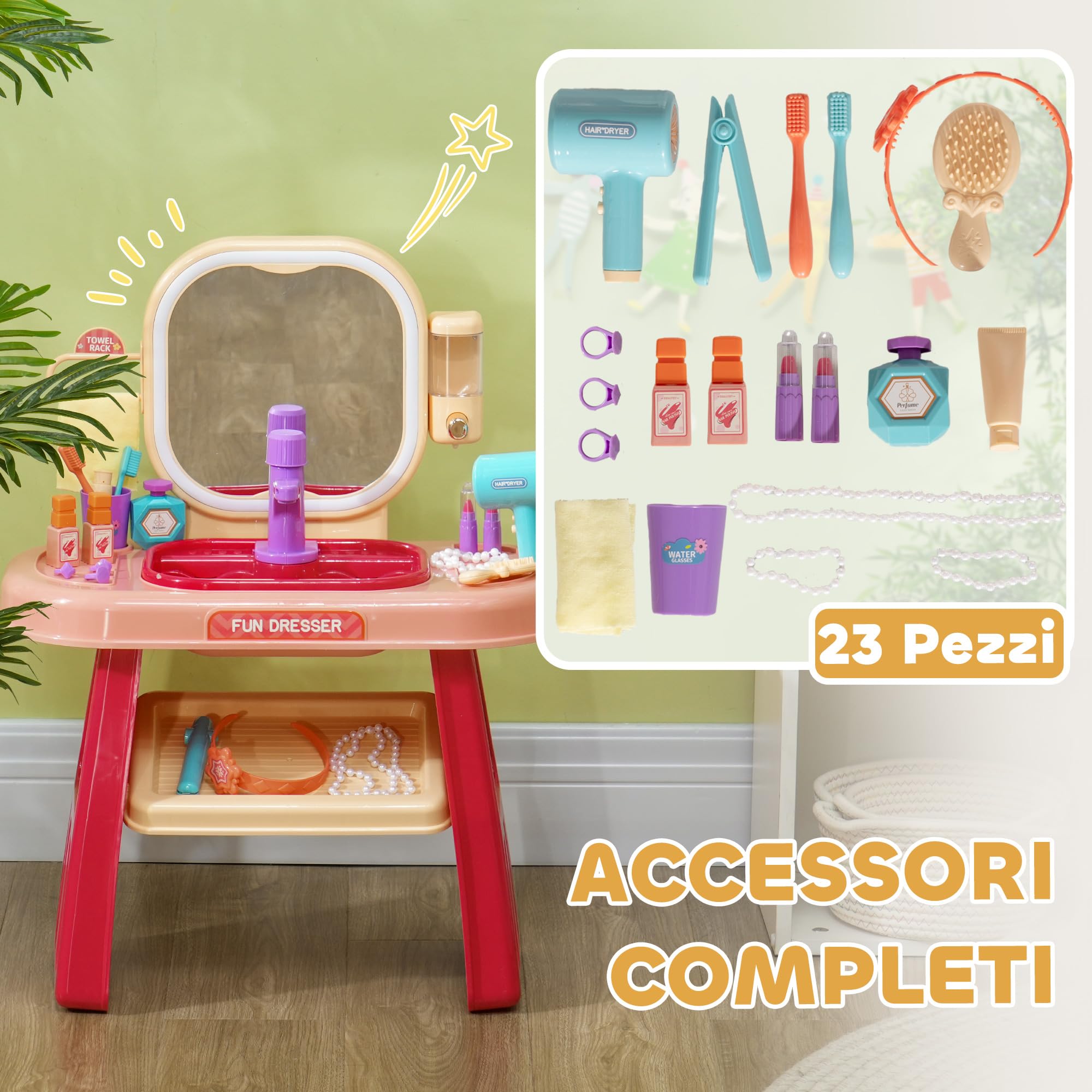 AIYAPLAY Tavolo Toeletta per Bambine 3-6 Anni con Specchio in Acrilico e Rubinetto, Gioco per Bambini in Plastica, 55x29x71 cm, Rosa