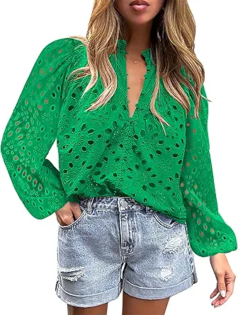 BETTE BOUTIK Women's Long Short Sleeve Tops 2025 Dressy Casual Button Hollow Out Lace Embroidered Blouses Shirts