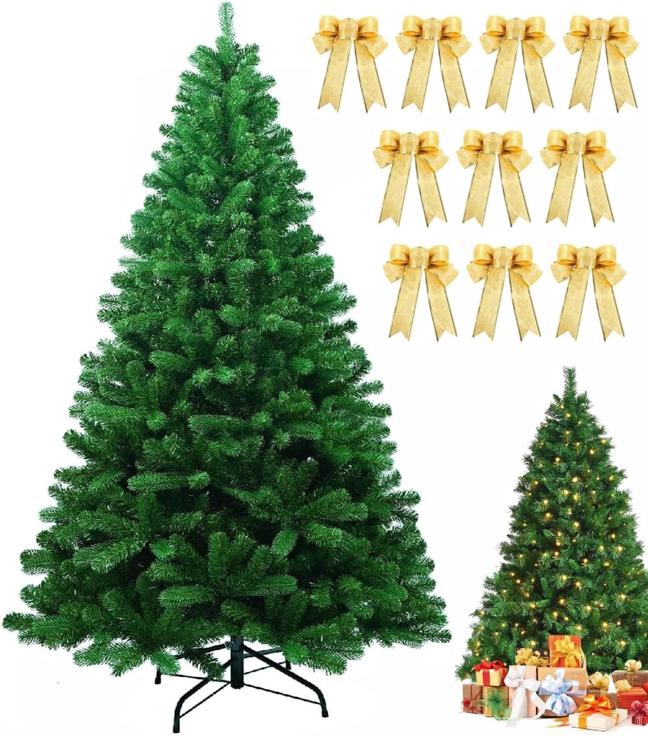 NICPET 180CM Christmas Tree with 670 Branch Tips of 10 Bow Decorationsï¼Œ Premium PVC Holiday Christmas Tree, Ideal for Home, Office, and Xmas Party Decoration, Includes Metal Foldable Stands