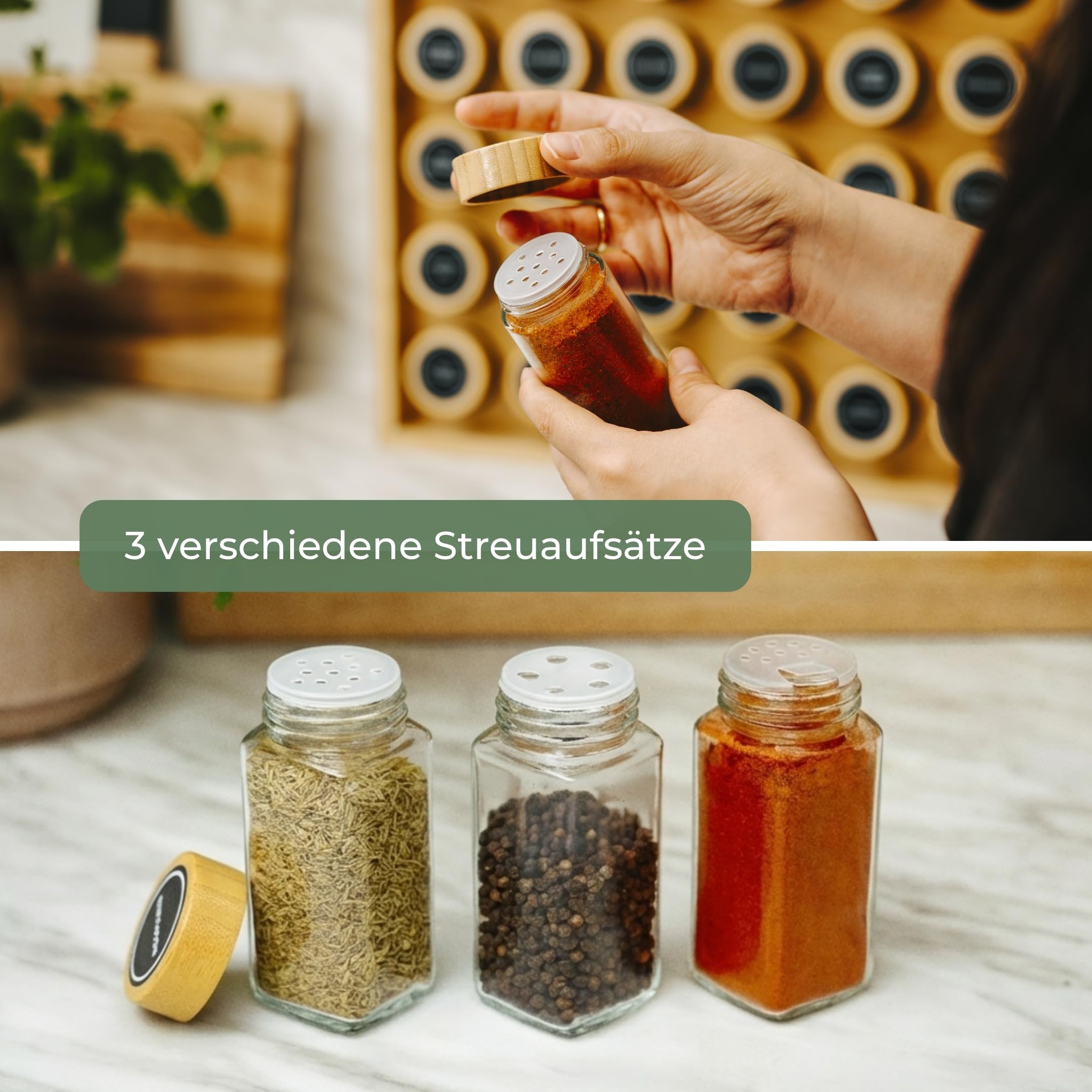 Adabor Gewürzregal aus Bambus Holz stehend oder für Schublade - Spice Rack Gewürz Organizer mit 30 Gläsern - Gewürzgläser mit Bambusdeckel+ Streueinsätze+ 144 Etiketten+ Stift für Gewürzaufbewahrung