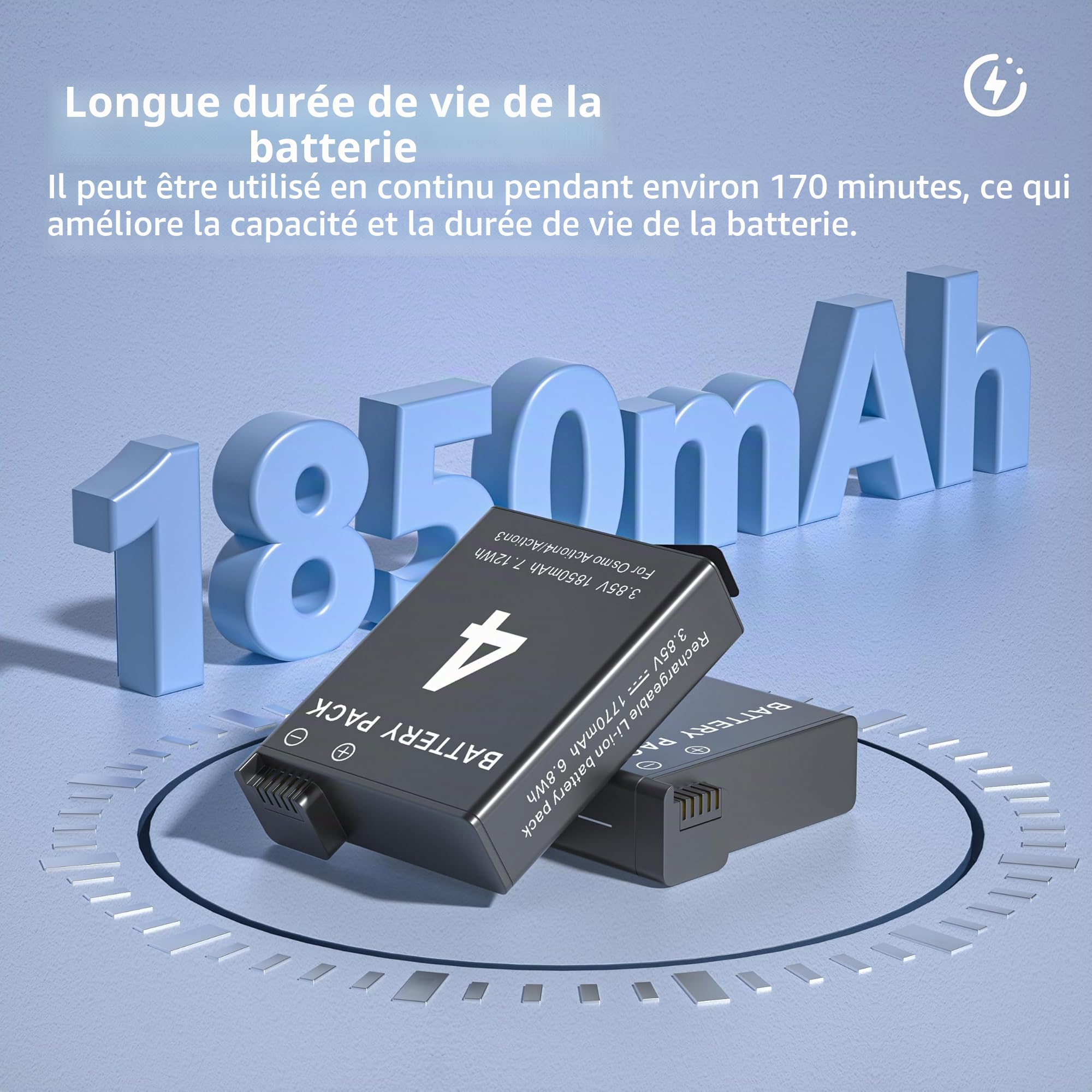 Batterie Chargeur pour DJI Osmo Action 5 Pro/ 4/3, 2 Batteries 1850mAh avec USB Chargeur Accessoires Compatible avec DJI Osmo Action 5 Pro, Osmo Action 4, Osmo Action 3