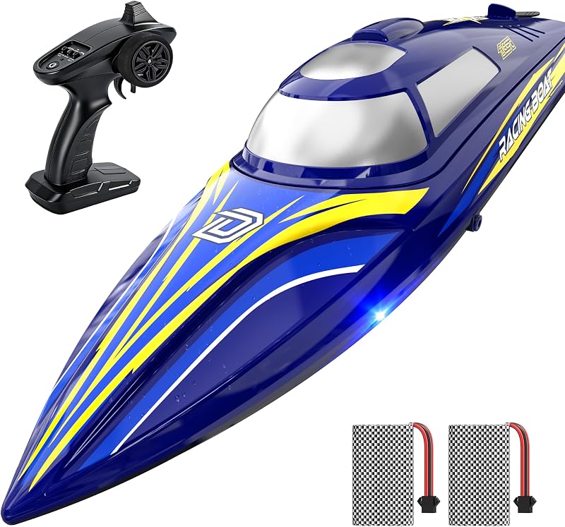 DEERC Barco RC rápido de 14" para niños y adultos, autoadrizamiento automático, 20+MPH | Barco de velocidad con control remoto mejorado con 2 baterías de 1200 mAh, barco de juguete impermeable para lagos y piscinas