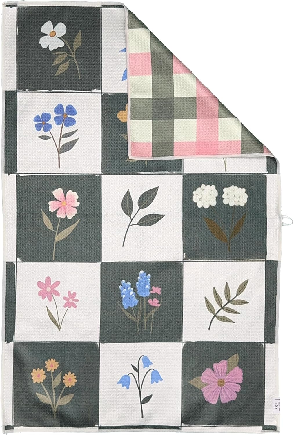 Double Sided Microfiber Waffle Kitchen Tea Towel - Quick Dry Ultra Absorbant 20 x 30 inches, Cottage Core, Multiple Colors, (Green Floral Tile)