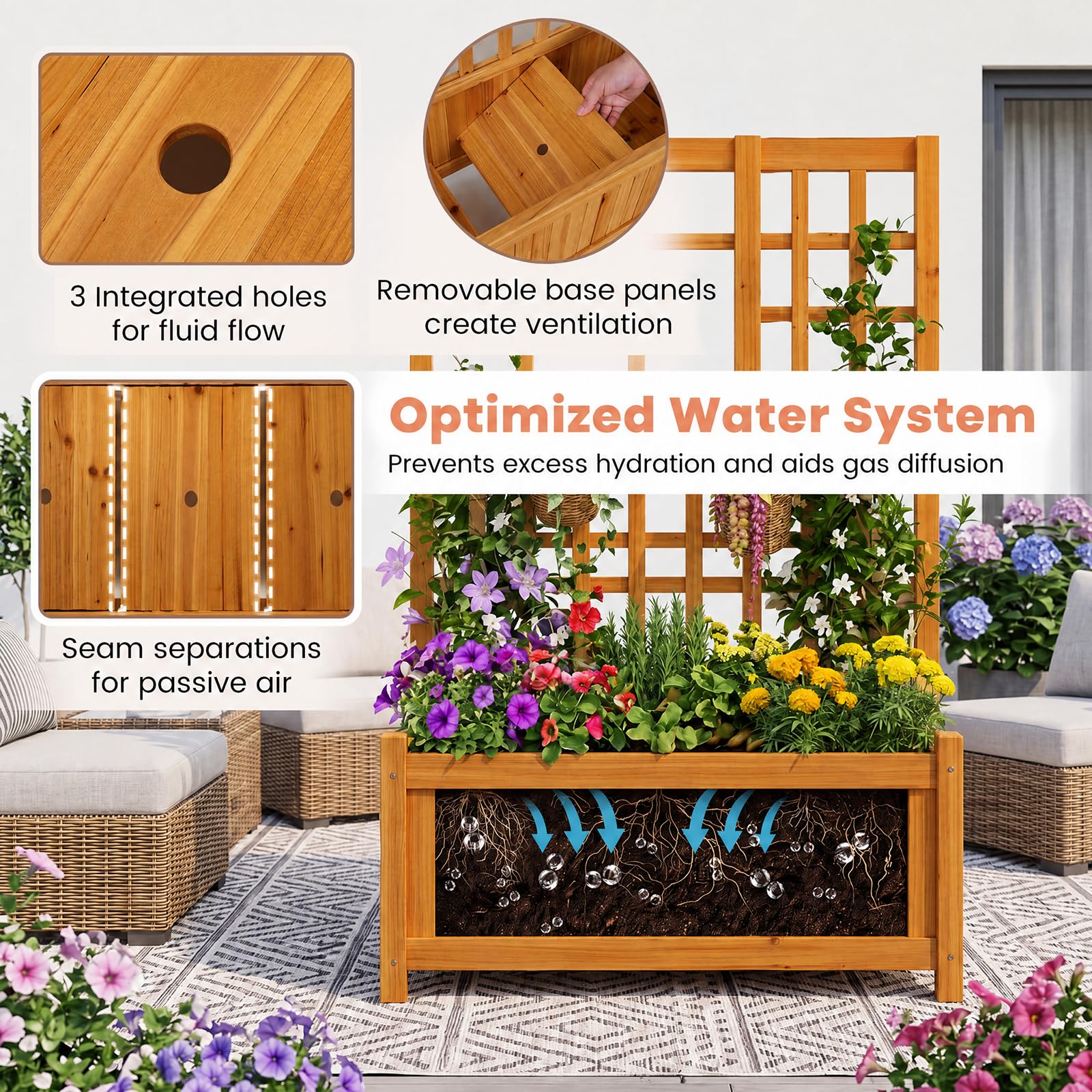 HOMASIS Blumenkasten mit Sichtschutz, Pflanzkübel mit Rankgitter, Pflanzkasten aus Holz, Hochbeet Pflanzgefäß Rankkasten Gartenspalier Rankhilfe für Balkon Garten Terrasse (Orange, 76x32x143cm)