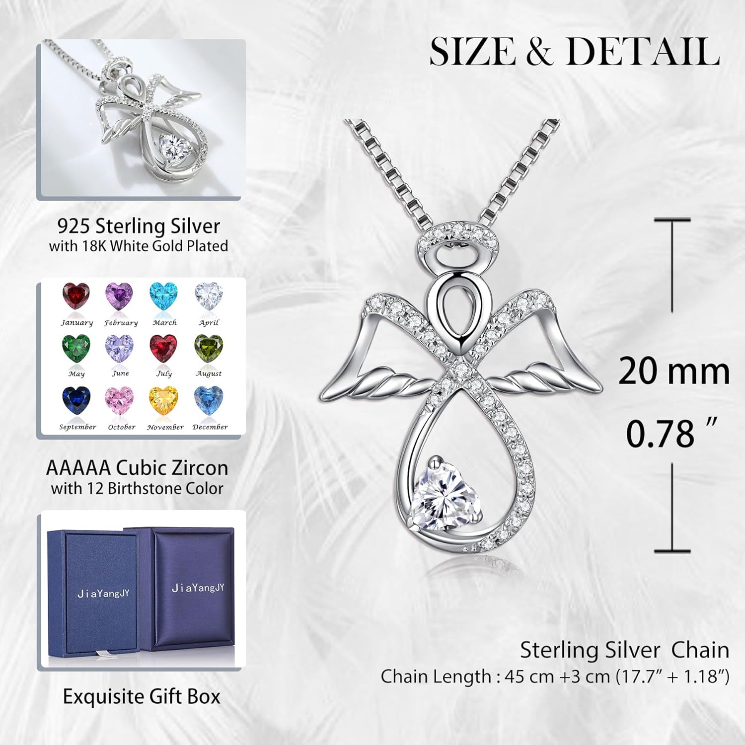 Sterling Silver Infinity Angel Necklace Heart Birthstone Guardian Angel Pendant Jewelry Gifts for Her - Image 6