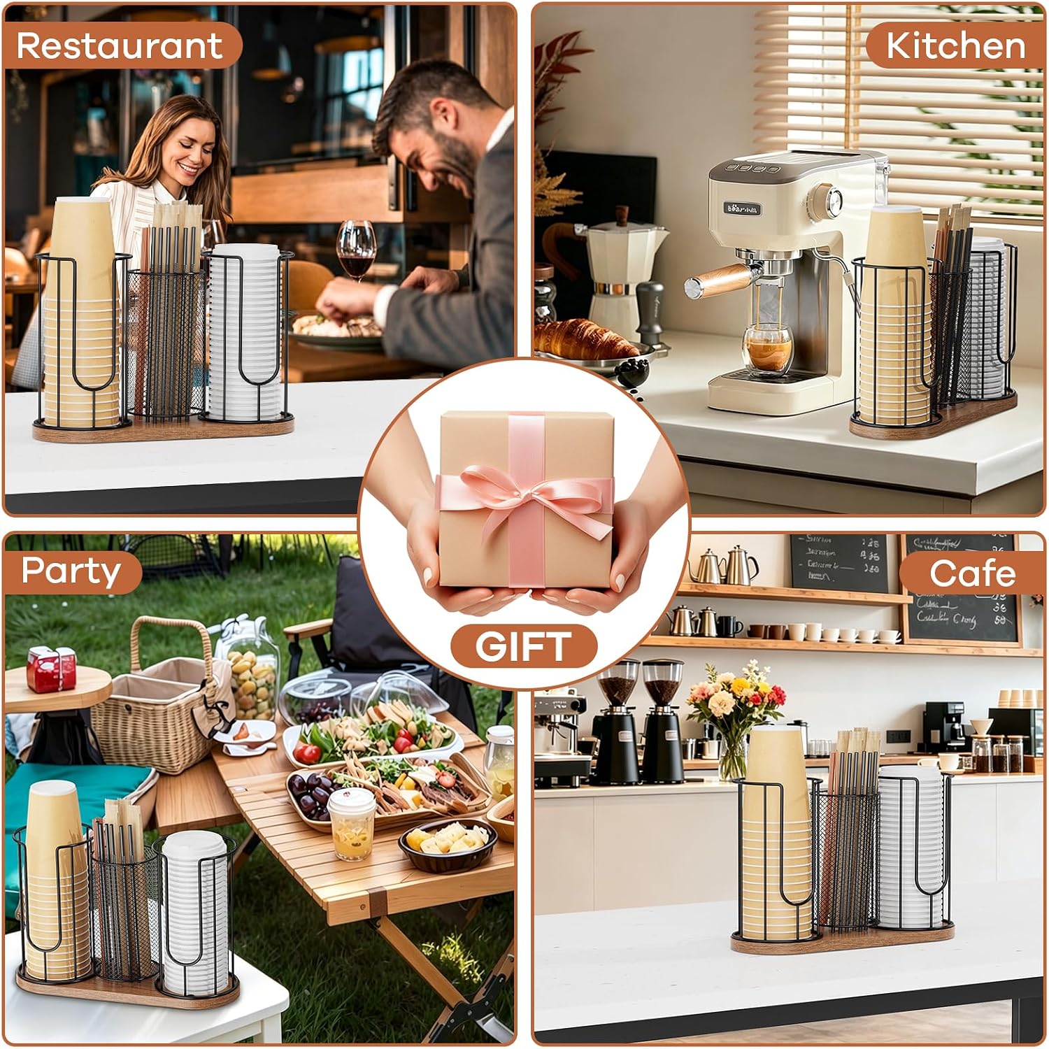Coffee Cup Dispenser, Coffee Cup and Lid Holder, 3-in-1 Plastic Cup Holder Storage - Disposable Paper Cups, Straws & Lids Organizer for Countertop, Coffee Bar, Restaurant, Office, Kitchen
