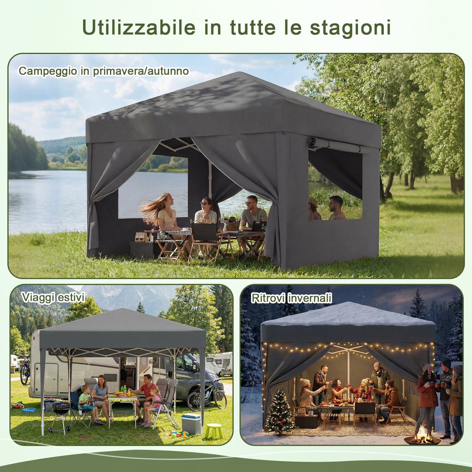 Devoko Gazebo Pieghevole 3x3 Impermeabile Stabile Invernale con Finestra a Rete Aerata, Protezione UV 50+, Tenda da Giardino Campeggio Grigio