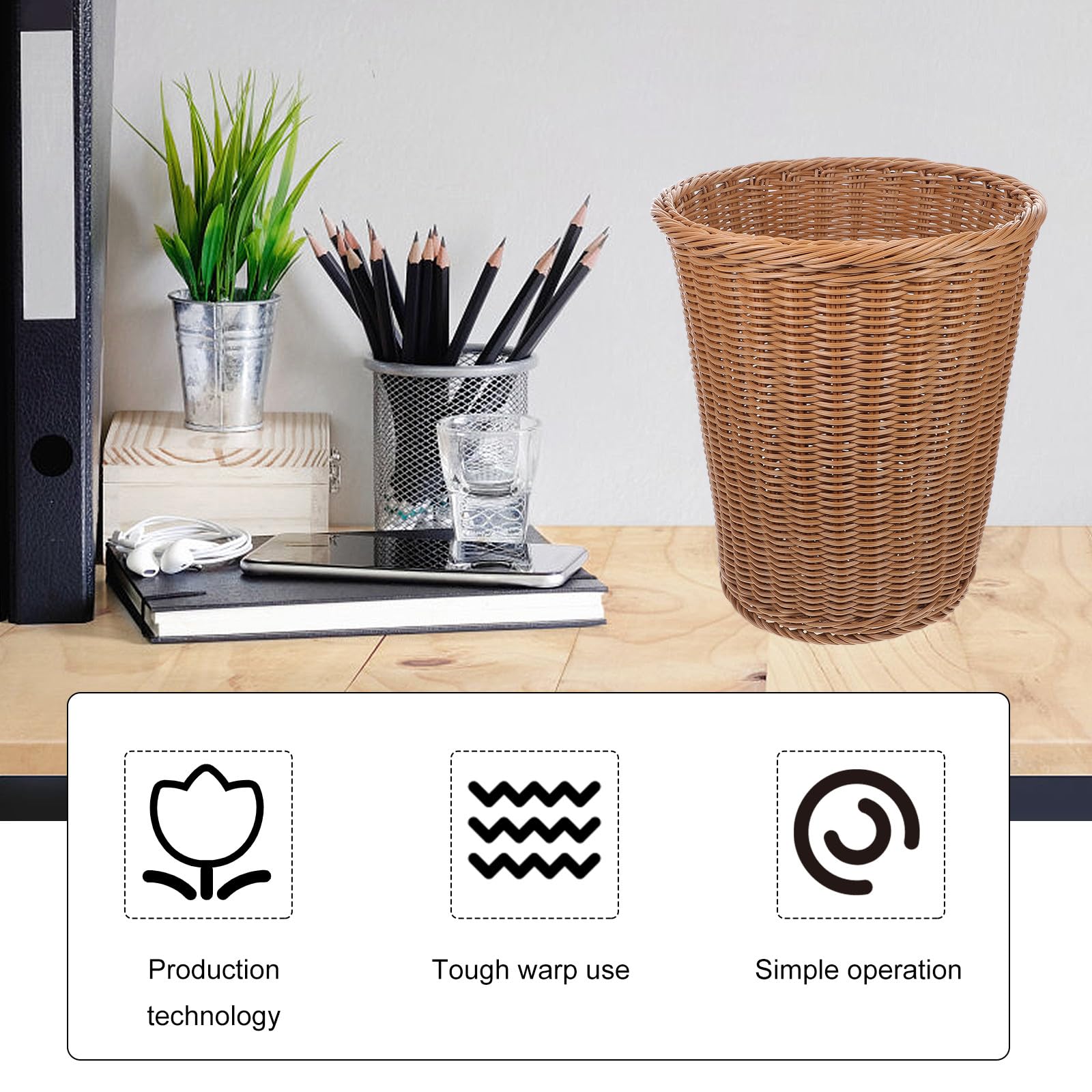 jojofuny Beiger Mülleimer aus Kunststoff, Gewebte Optik, 1 Stück, Kompakt | Zuhause und Büro, Leicht und Stabil Verarbeitet, Rundes Design ohne Deckel