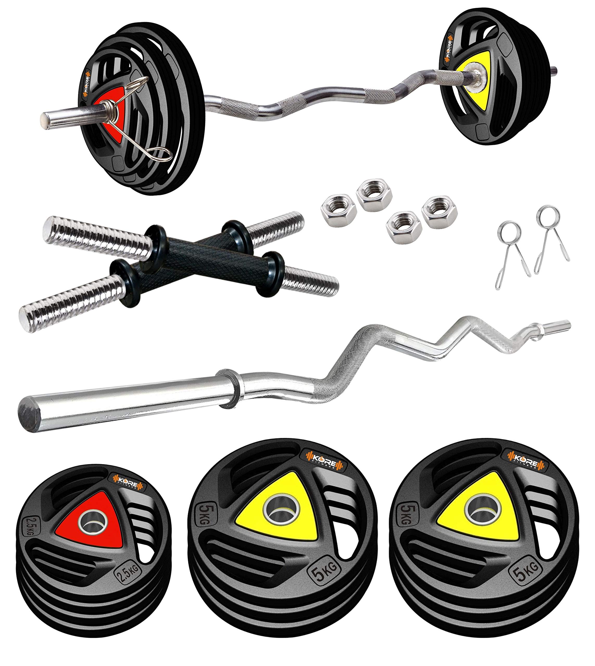Kore Professional 40-KG Metal Integrated Rubber Plates Home Gym Set with One 3 Ft Curl and One Pair Dumbbell Rods, Multicolor (B0917N7SY5) Amazon Price History, Amazon Price Tracker