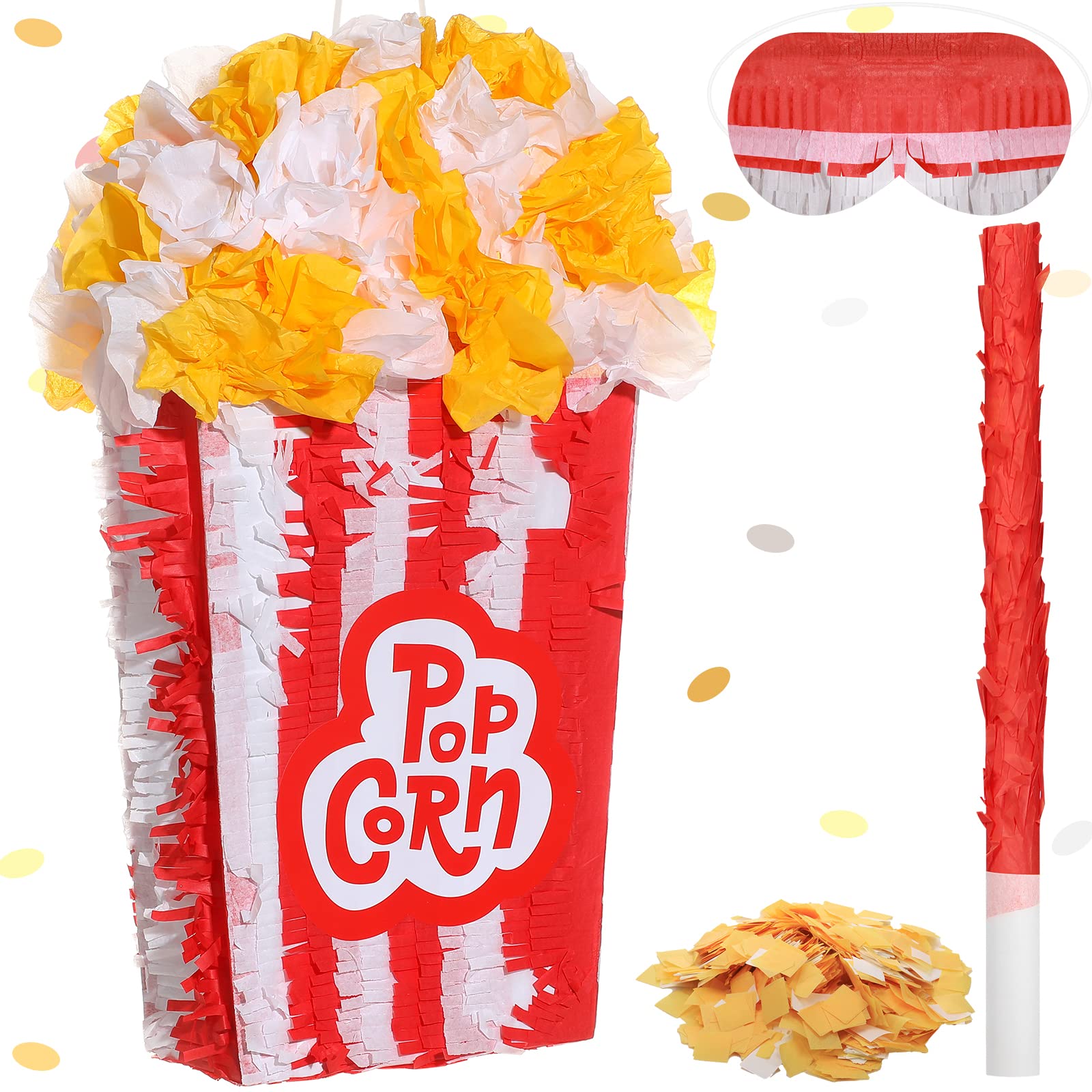 3D Popcorn piñata Carnival Movie Night piñata Red White Popcorn Bags piñata Movie Party Favors with Stick Blindfold Confetti Set for Movie Theme Party Circus Theme, Birthday Party Supply, 16 x 9 inch