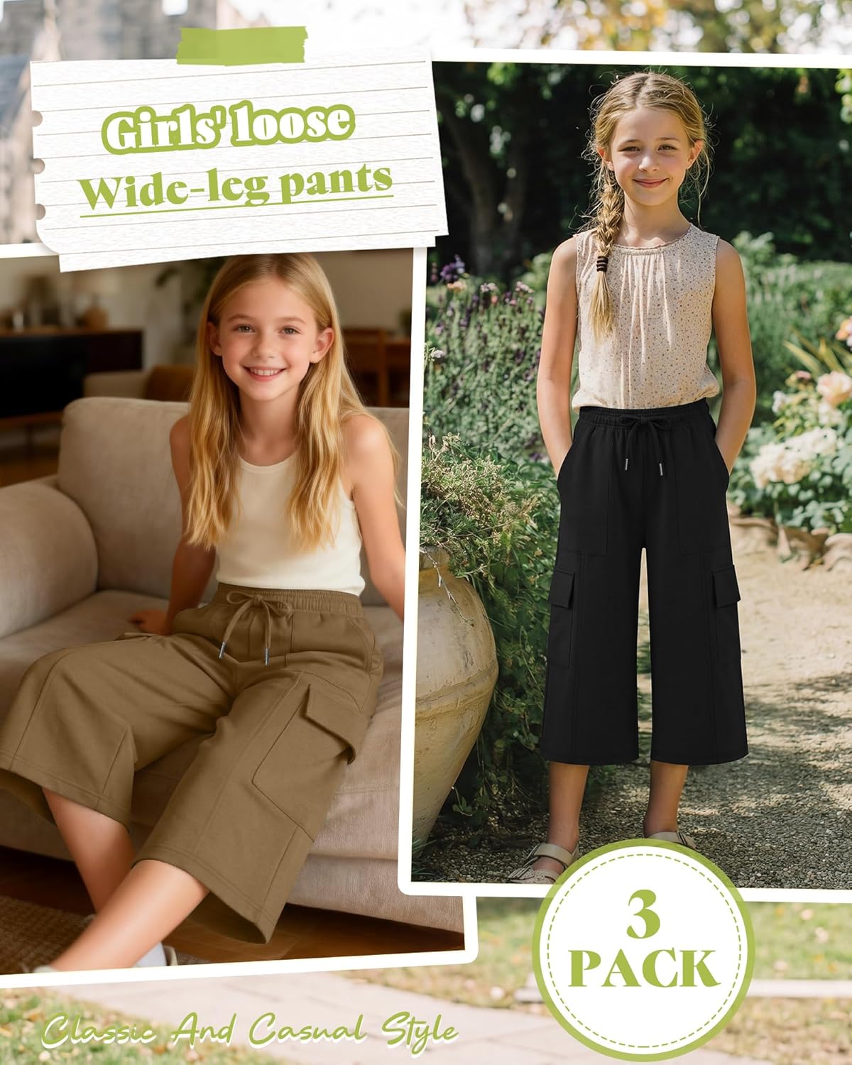 3 Pack Capri Sweatpants for Girls Wide Leg Cargo Capris Elastic Kids Waist Drawstring Active Casual with Pockets