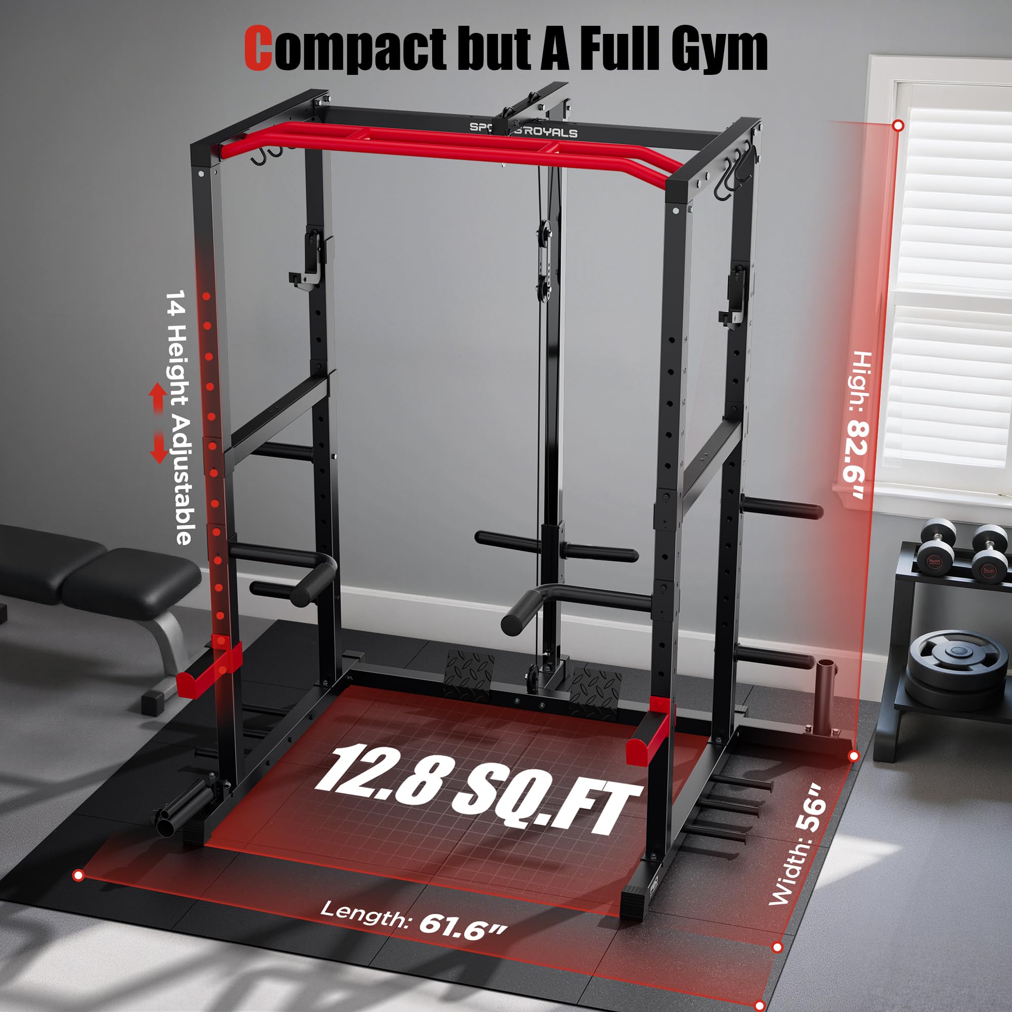 Sportsroyals Power Cage - Estante de potencia de 1600 libras con cable ajustable cruzado, estante multifunción para sentadillas con sistema de polea y accesorios de entrenamiento para gimnasio en casa