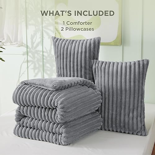 Miniatura 7 de Bedsure Juego de edredón esponjoso tamaño Queen, edredón de piel sintética súper suave, tamaño Queen, color gris, juego de ropa de cama de forro