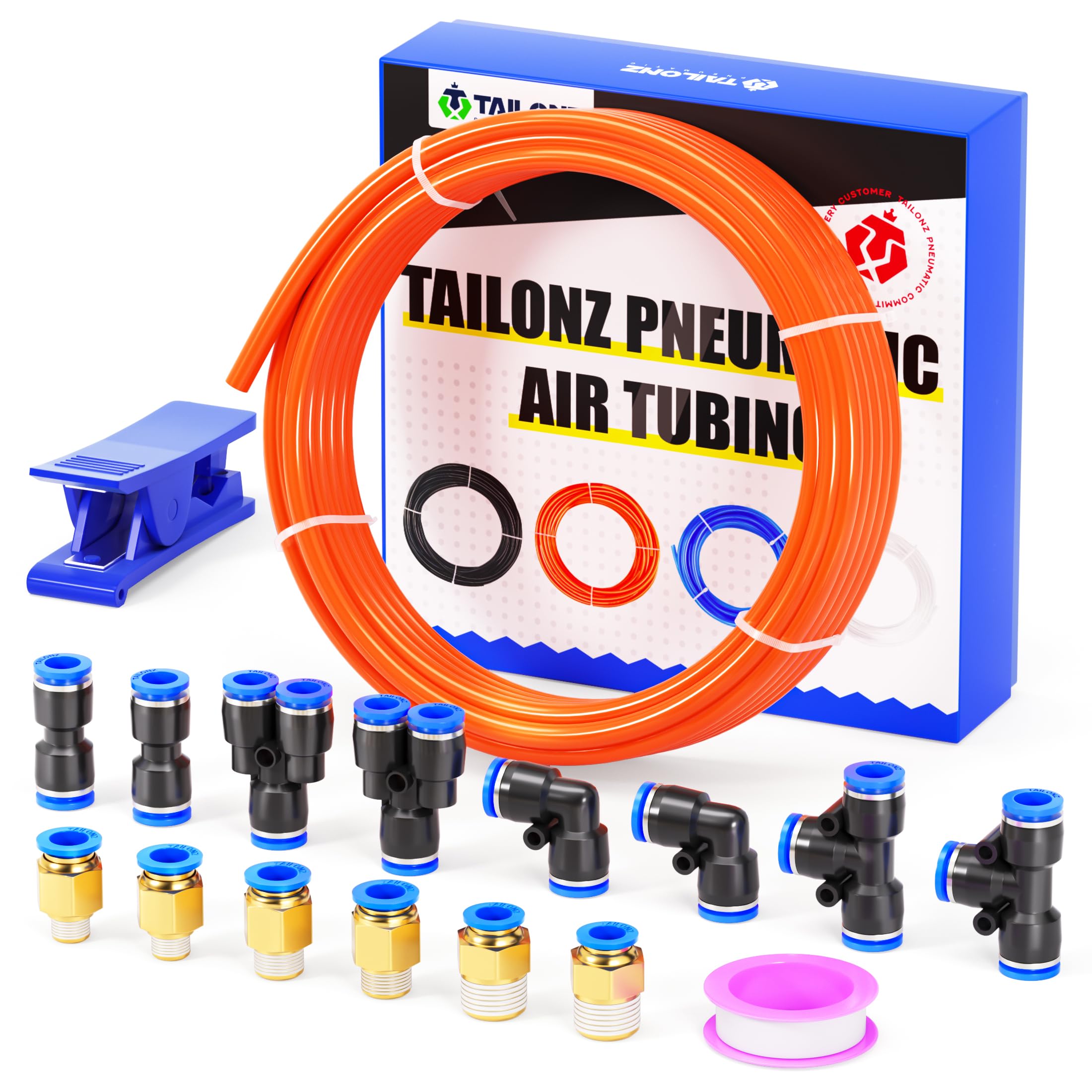 TAILONZ Orange 10mm OD 6.5mm ID PU Air Hose Pipe Tube Kit 10 Meter 32.8ft
