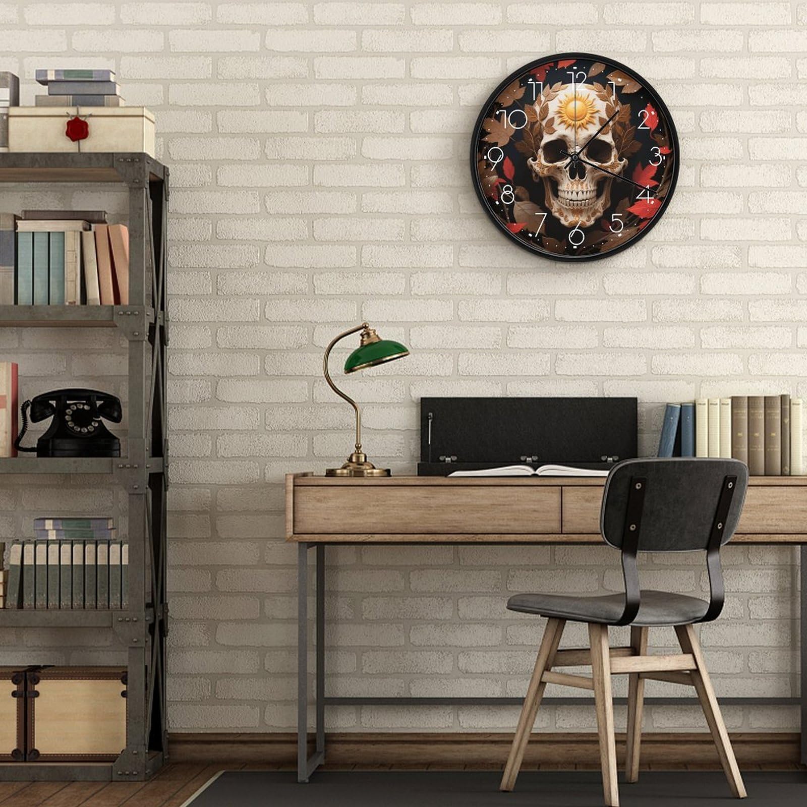 VIDI Horloge murale décorative en forme de crâne de soleil, horloge murale silencieuse à piles, 25,4 cm, horloge analogique moderne sans tic-tac, décoration pour cuisine, bureau, salle de bain