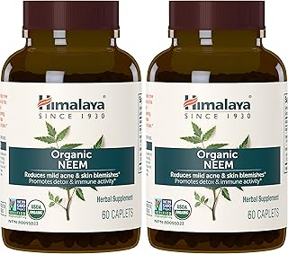 Himalaya Organic Neem, Mild Acne Relief for Clear, Smooth & Radiant Looking Skin, 600 mg, 60 Caplets, 4 Month Supply, 2 Pack