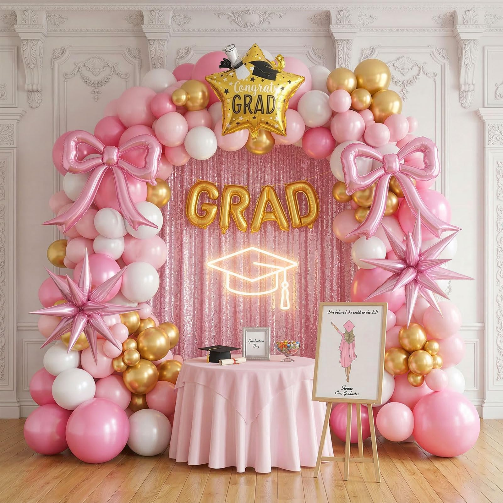 Pink and White Gold Grad Balloon garland arch kit 140pcs With Large Gold pink Star Bow balloons for 2025 graduations decorations Prom girl's birthday