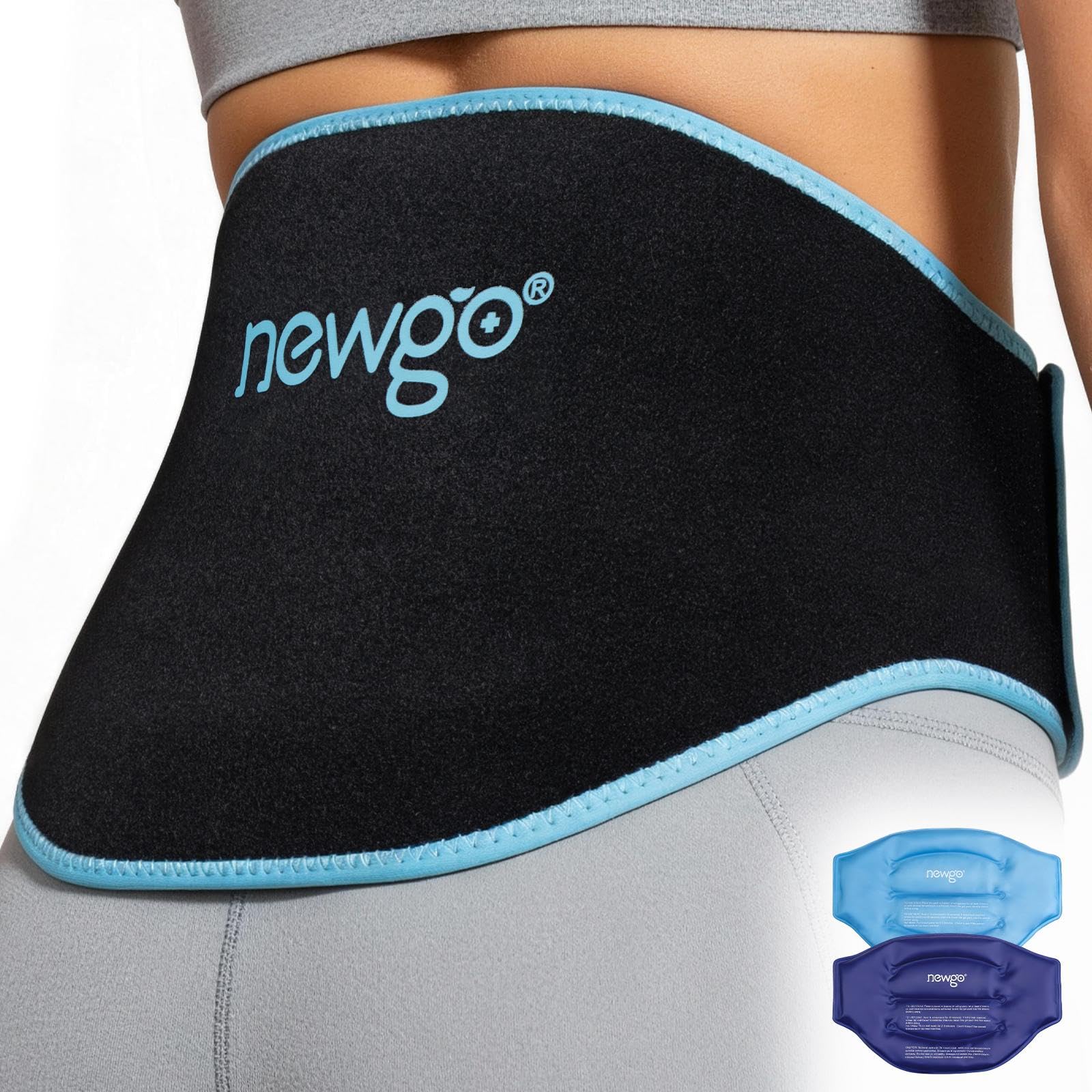 NEWGO Gel Ice Pack for Back Injuries and Pain Relief, 2 Pack Lower Back Ice Pack Wrap for Hot Cold Therapy, Lumbar Surgery, Sciatica, Herniated Disc, Coccyx Tailbone Pain - Black