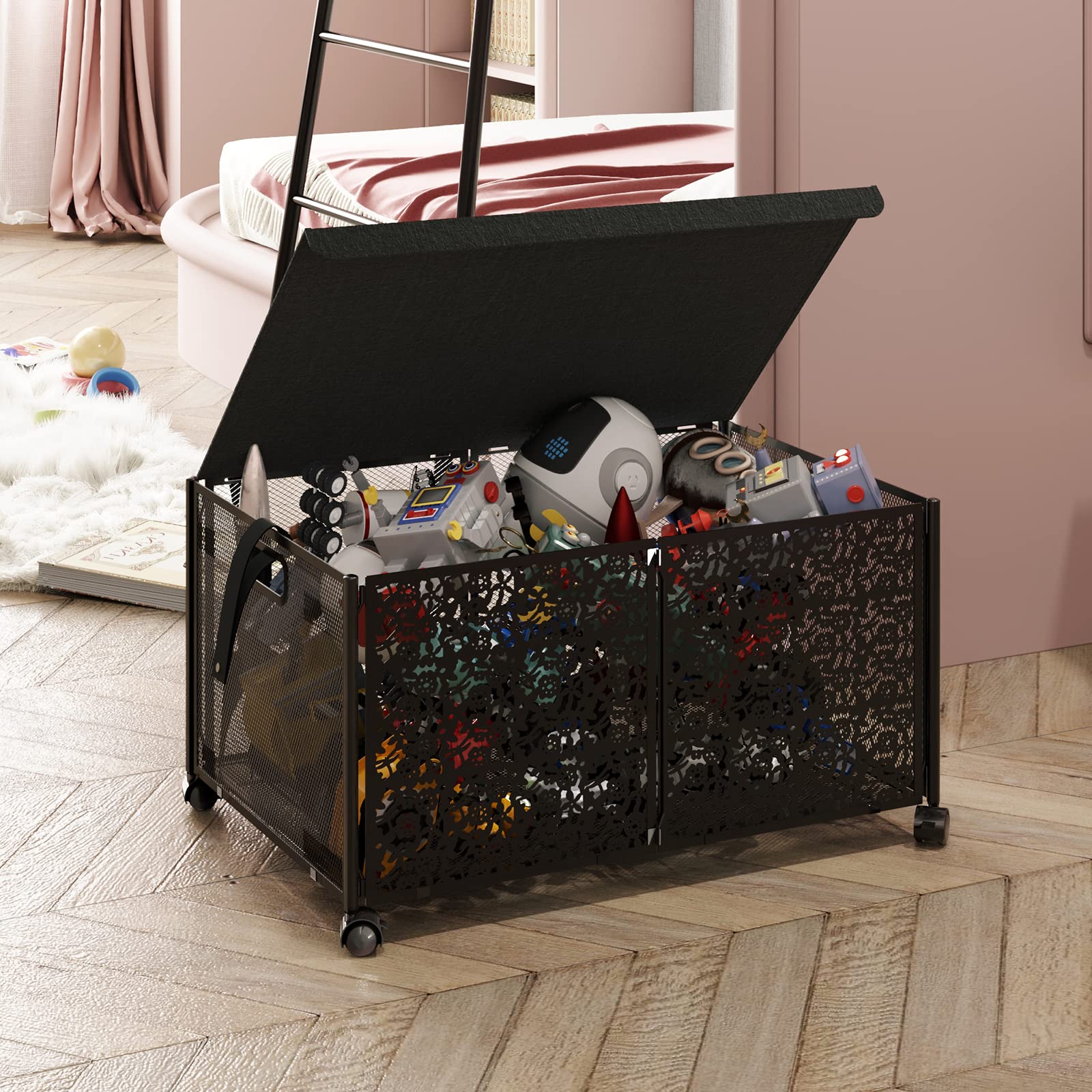 Caja de Almacenamiento de Juguetes Grande con Tapa, Organizador de Juguetes Plegable de Metal con Ruedas para Niños y Niñas, Ropa, Libros, Guardería, Felpa (#4)