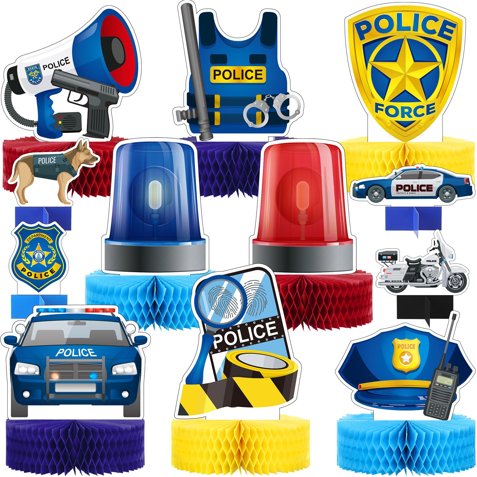 Zonon 12 Pieces Police Party Decorations Police Honeycomb Centerpieces Supplies 3D Birthday Cute Cakes Topper Photo Props for Graduation Party Table Decoration Supplies