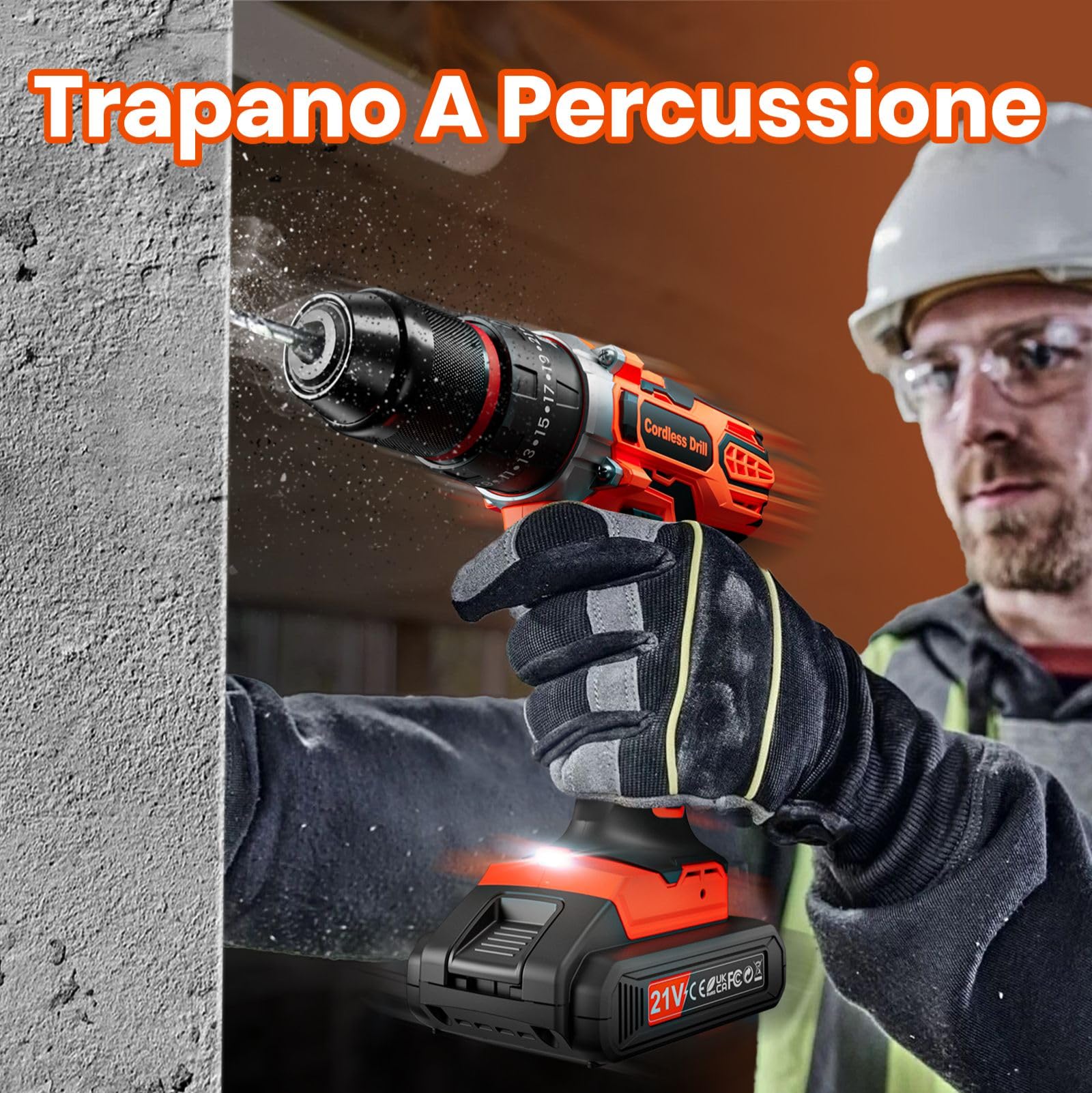 Trapano a Percussione 21V, Avvitatore a Batteria con 2 Batterie 2,0Ah, Trapano Avvitatore Batteria Coppia Massima di 45Nm, 2 Velocità, 25+3 Coppia, 10mm Morsa, Set di Accessori 29 Pezzi con Valigetta